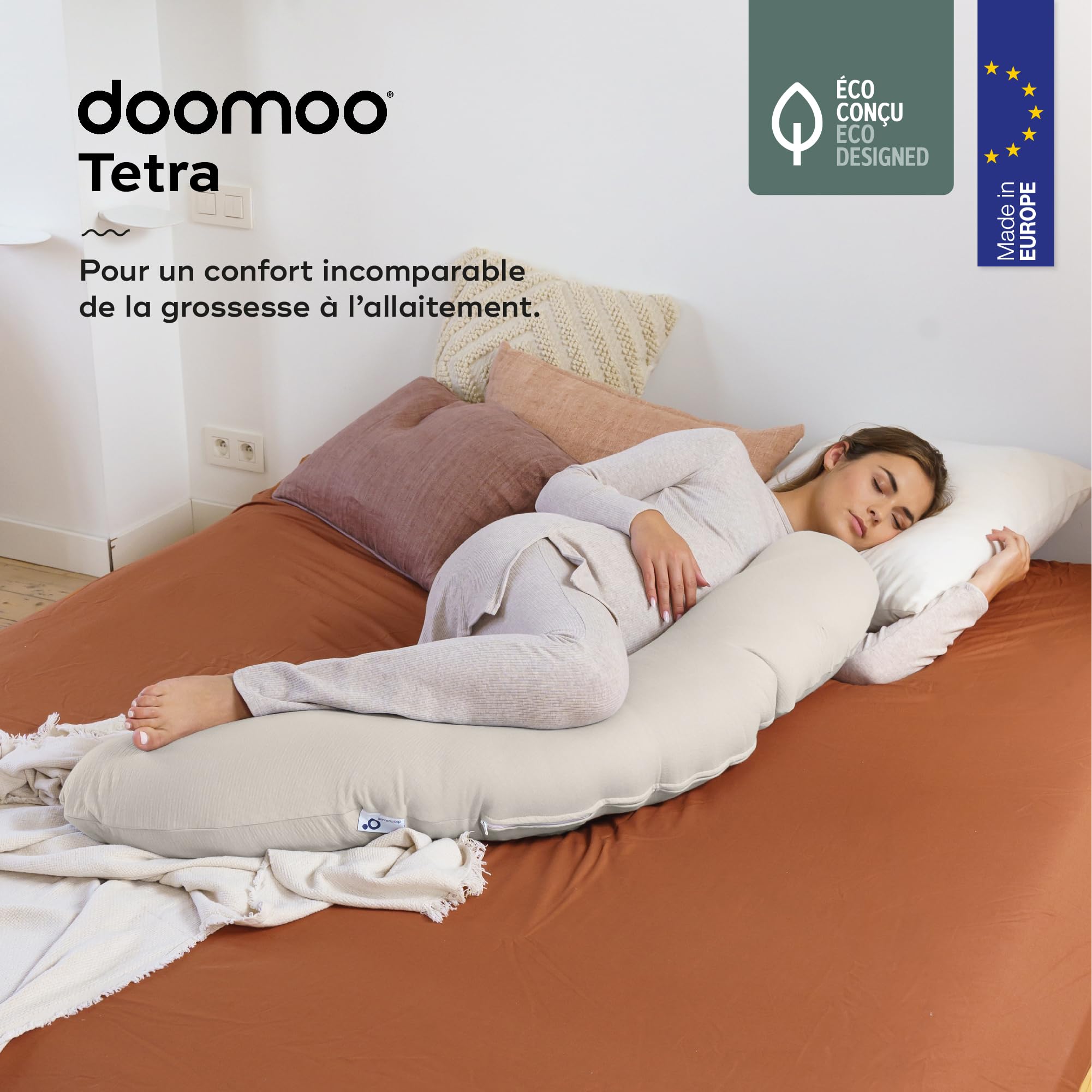 doomoo Schwangerschaftskissen & Stillkissen – Ultra Komfort zum Schlafen während der Schwangerschaft – entlastet Rücken, Beine und Bauch – Bezug aus Bio-Stoff & Öko-Tex, Tetra Jersey, Sand