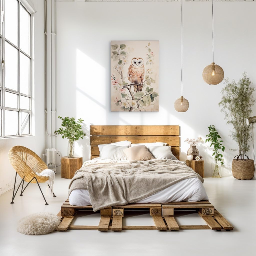 Canvas for Living room. Whimsical Watcher Amidst Blossoms � An Owl's Serene Perch, 27 x 18 inch Canvas Wall Art - Expansive Panoramas - Nature Home Decor - 69x46 cm (27x18 inch)