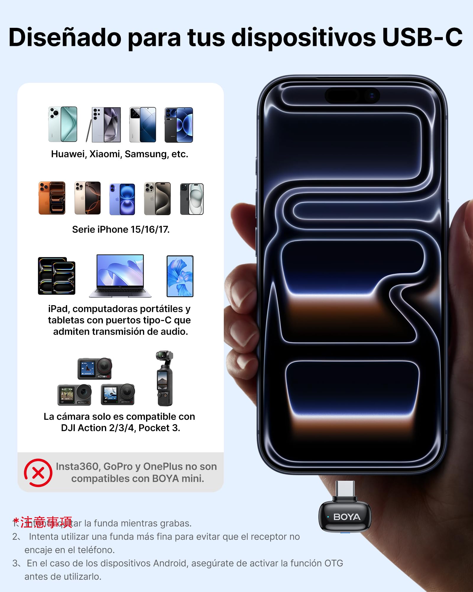 BOYA Mini 2 Microfono Inalambrico (2TX+1 USB-C RX) para iPhone 15/16/17, Microfono Movil Android, 48 kHz/24 bit, 5g Ultraligero, Cancelación de Ruido, 30h, Micrófono Solapa para Streaming, Vlogging