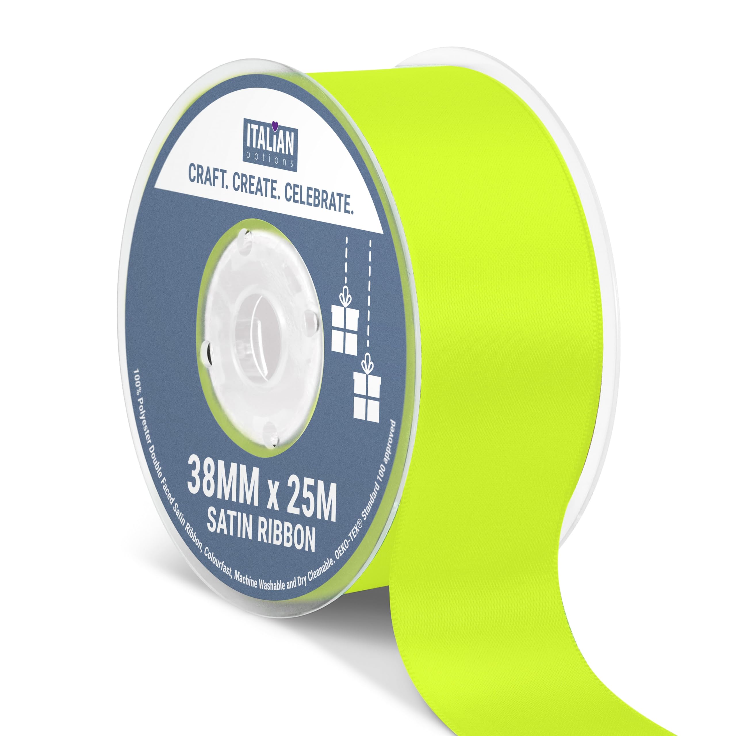 Italian Options Satin Ribbon, Fabric Ribbons for Gift Wrapping, Crafting, Balloons, Wedding Car, Presents, Cake, Christmas, Birthday, Gift Wrap Accessories, 10mm Wide x 25 Metre Roll, Lemon — view 169