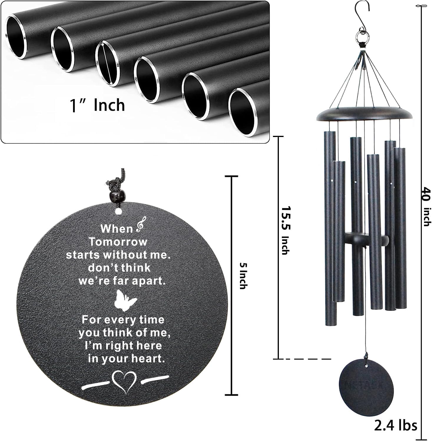 The Wind Chime CO Memorial Wind Chimes, 40" Inch Sympathy Wind Chimes Gift for The Loss of A Loved one, Home Decor Outdoor Garden, Soothing Melodic Tones (Black #1) - Image 3