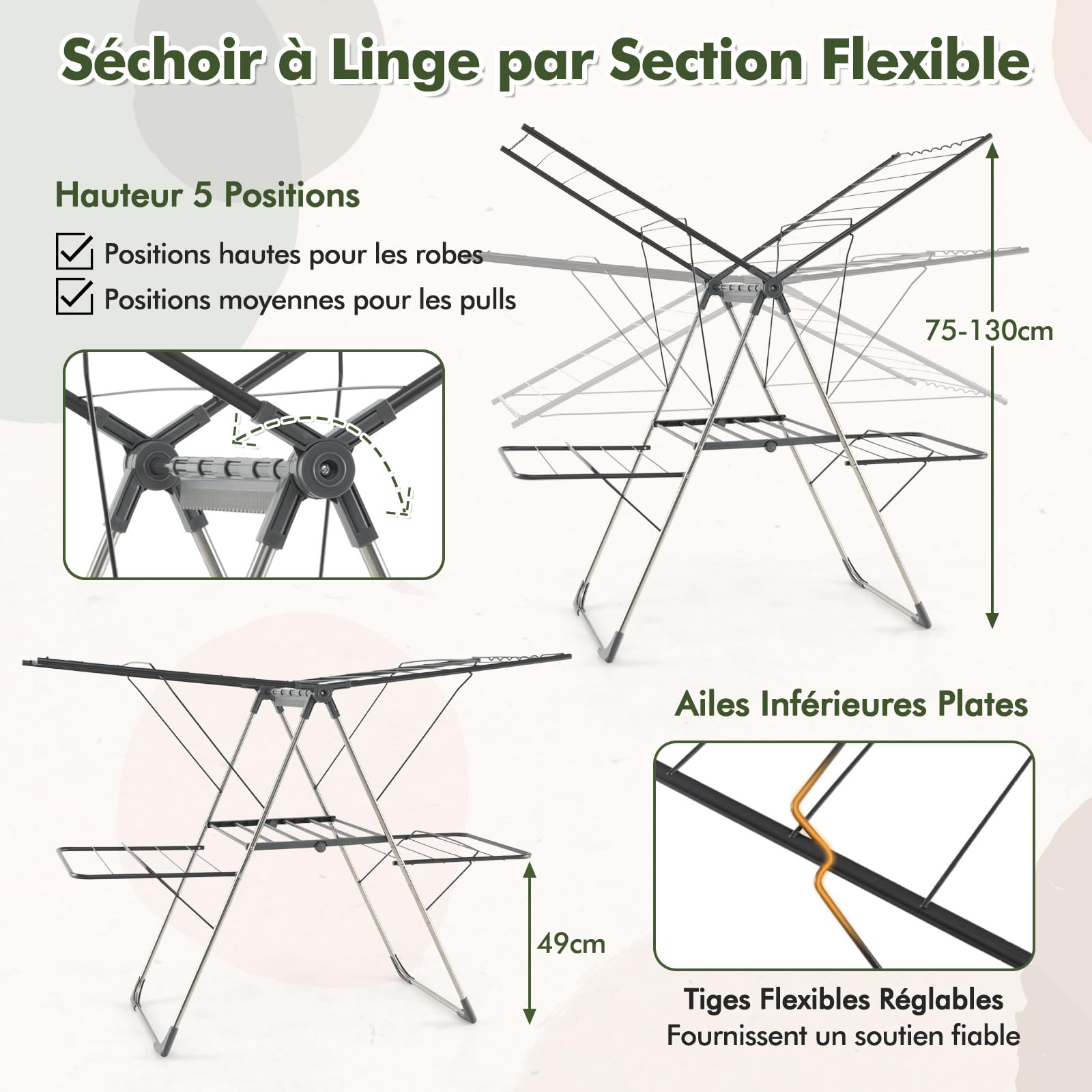 COSTWAY Etendoir Linge Pliable, Sechoir a Linge Pliable 33 Barres, Pieds en Acier Inoxydable, Hauteur Réglable 75-130 cm, Pinces à Chaussettes, Tancarville Seche Linge Intérieur Extérieur