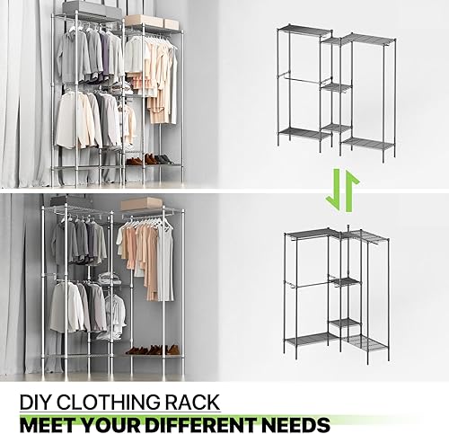 Miniatura 7 de Magshion Armario portátil independiente de 66 pulgadas, perchero ajustable con estantes, perchero de ropa resistente, color plateado