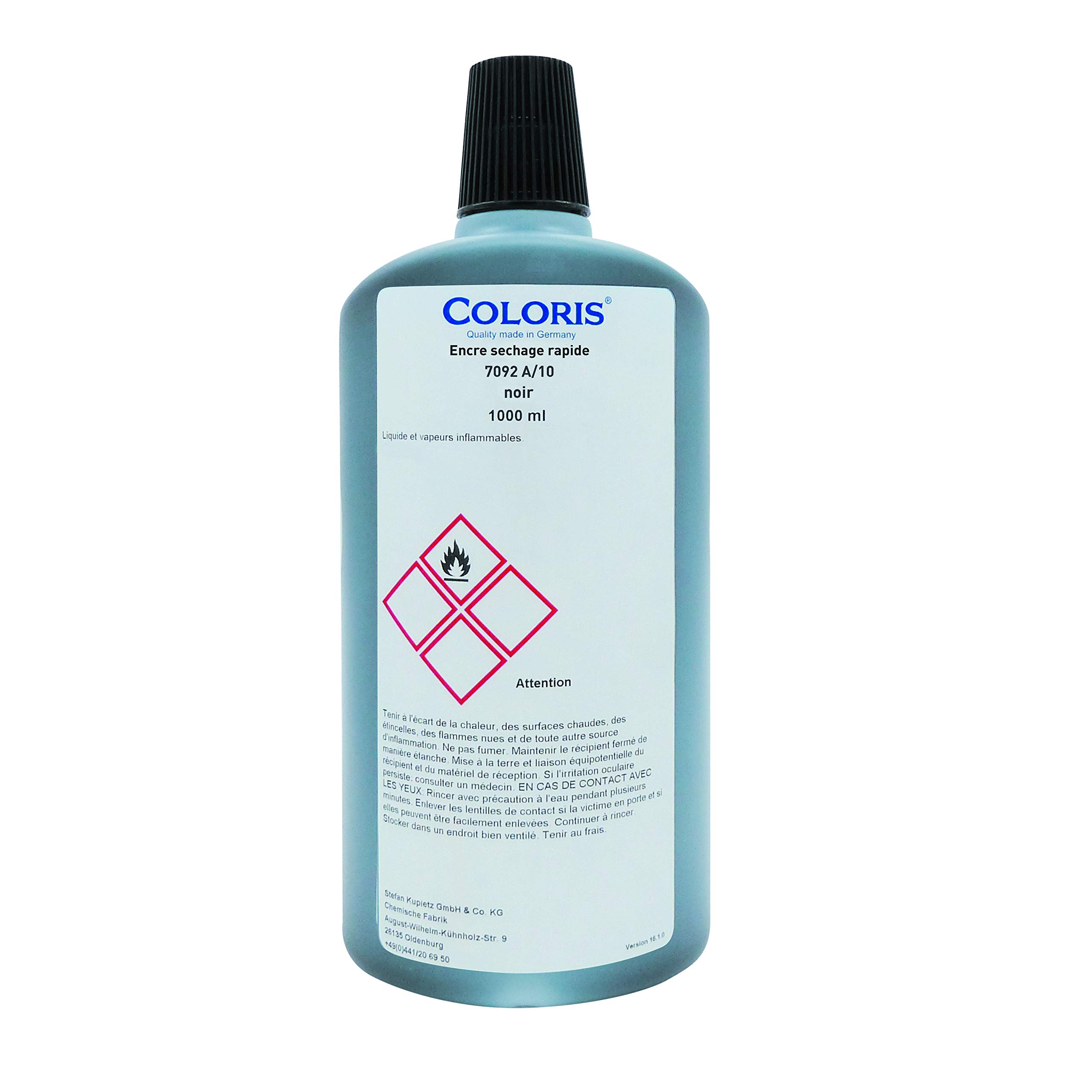 Coloris flacon d'encre noir 7092A/10 à séchage rapide pour tampon à encrage automatique - 1L - conforme aux règlements européens - empreintes nettes et propres - bouchon refermable