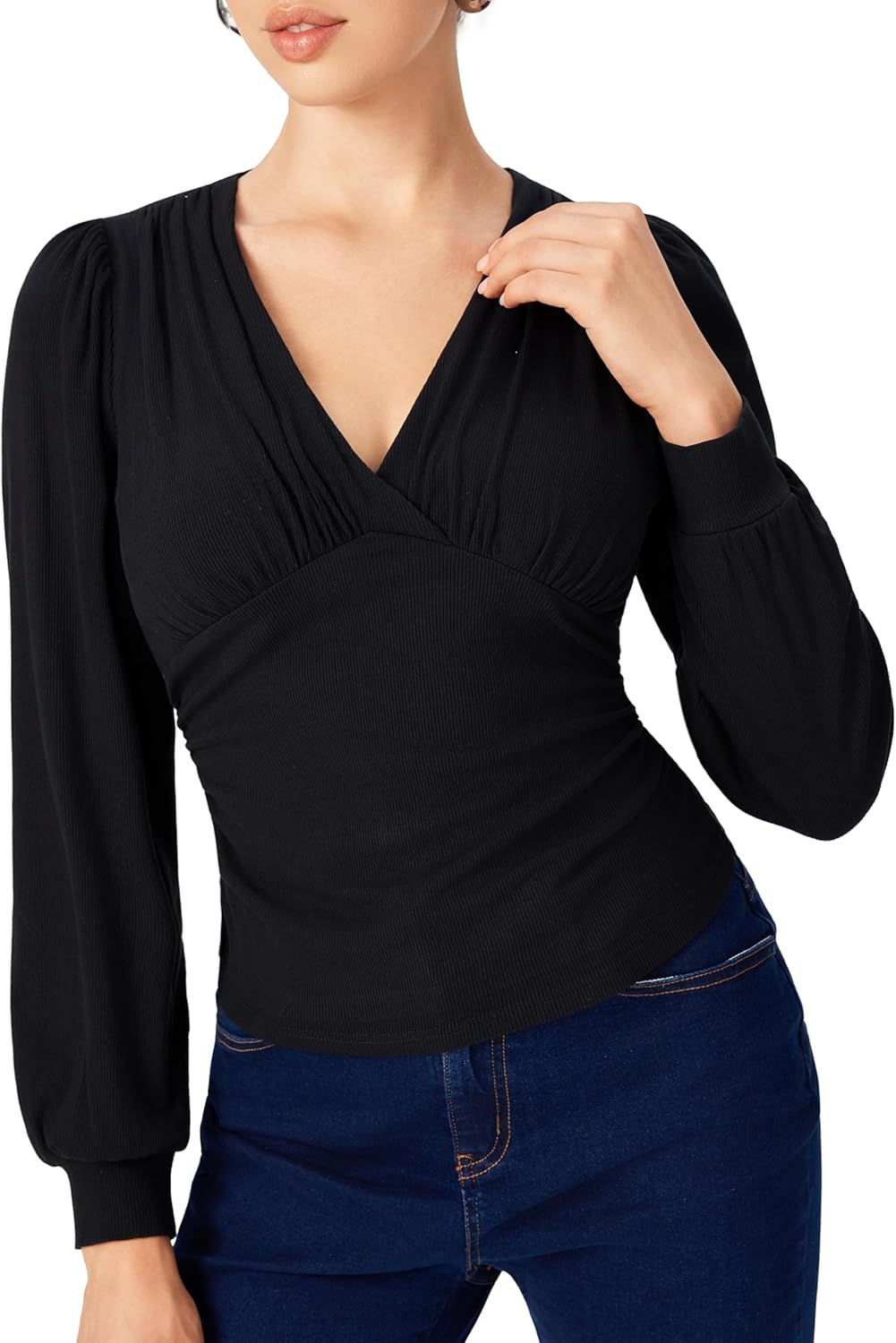 CIDER Wrap Tops for Women Long Sleeve V Neck Business Casual Outfits Ruched Pleated Going Out Blouse Fall Trendy - Image 3