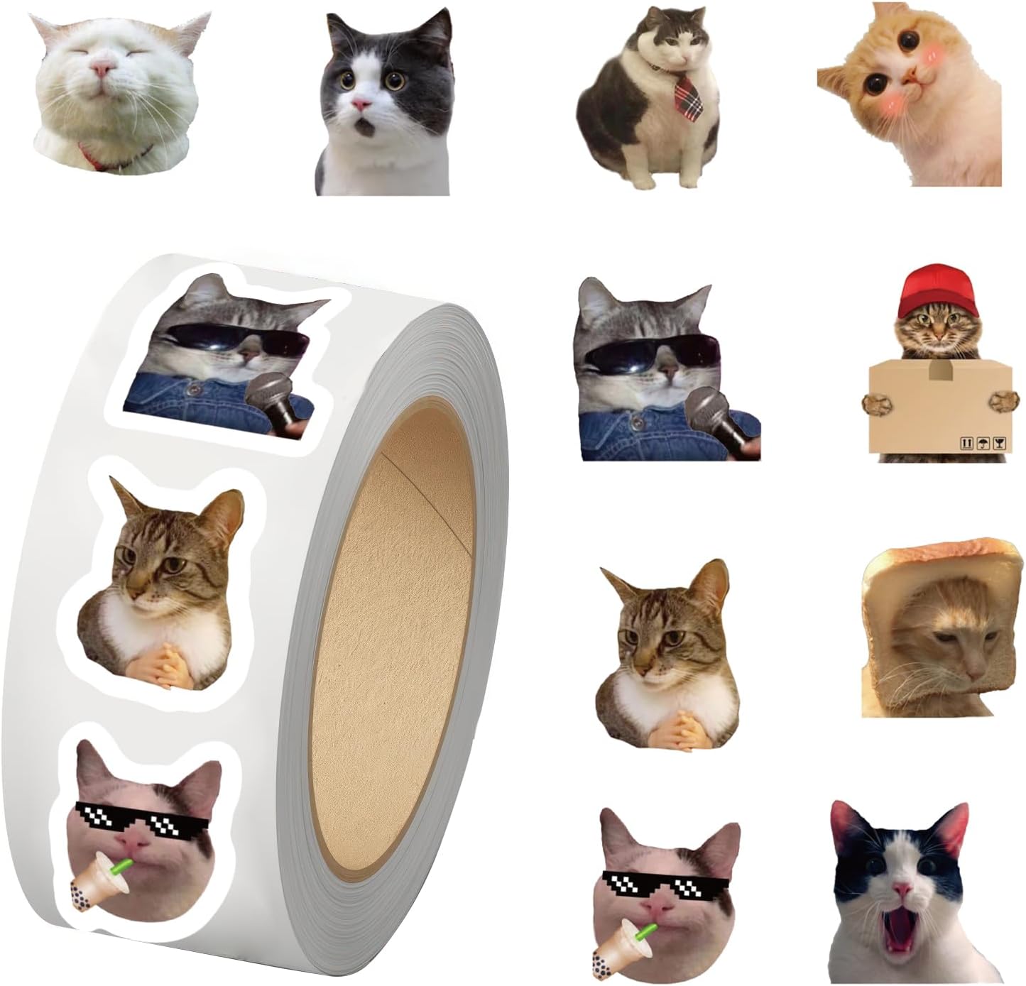 500PCS Cat Meme Envelope Seals Sticker Roll - 10 Styles Funny, Happy, Grumpy Cat Meme Gift Kawaii Vinyl Waterproof Stickers - Cute Pack (500 Per Roll)