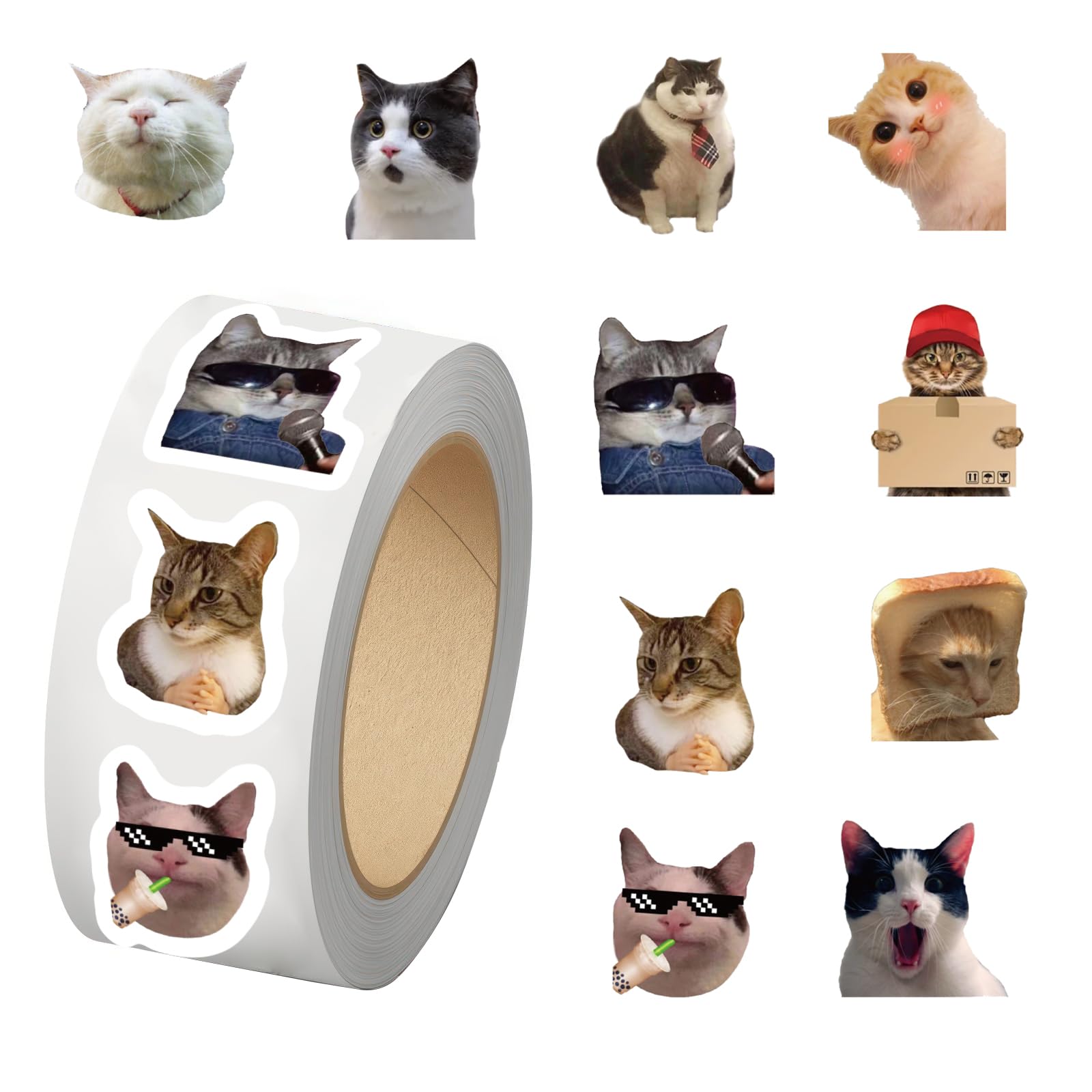 500PCS Cat Meme Envelope Seals Sticker Roll - 10 Styles Funny, Happy, Grumpy Cat Meme Gift Kawaii Vinyl Waterproof Stickers - Cute Pack (500 Per Roll)
