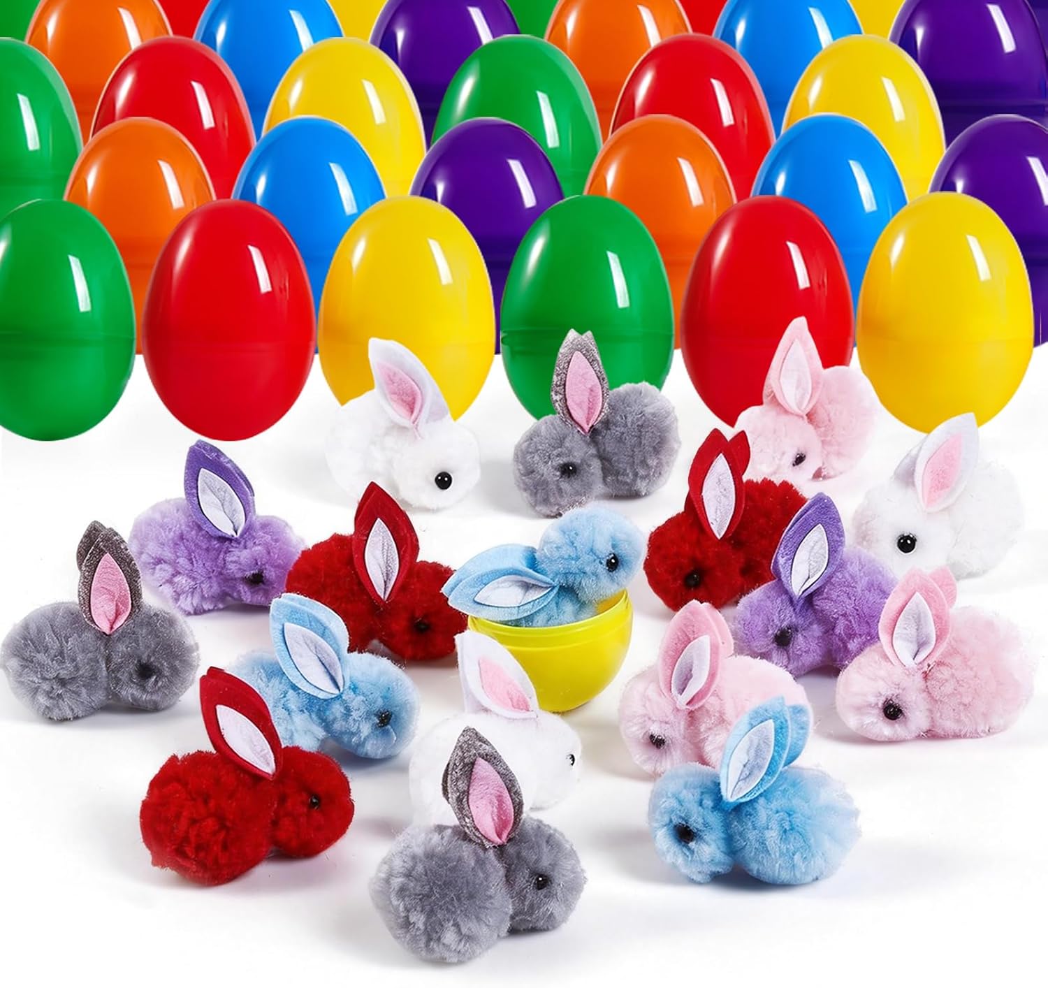 42 Pack Prefilled Easter Eggs with Plush Bunnies,Pre Filled Easter Eggs with Stuffed Toys Inside,Easter Basket Stuffers Fillers for Kids Easter Egg Hunt,Classroom Prize Supplies