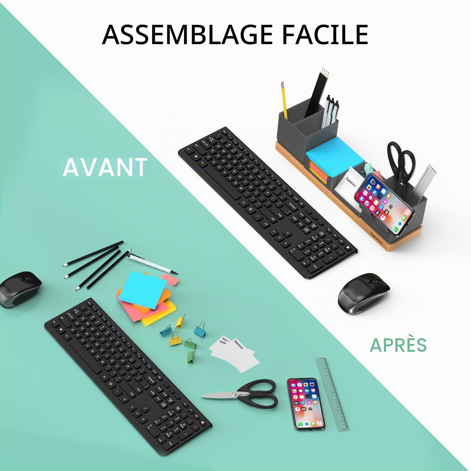Organisateur de Bureau avec Porte-Stylo Réglable, Support de Téléphone, Porte-cartes de Visite, Pot à Crayons, Plateau de Notes Autocollantes, Organiseur de Table pour Bureau à Domicile