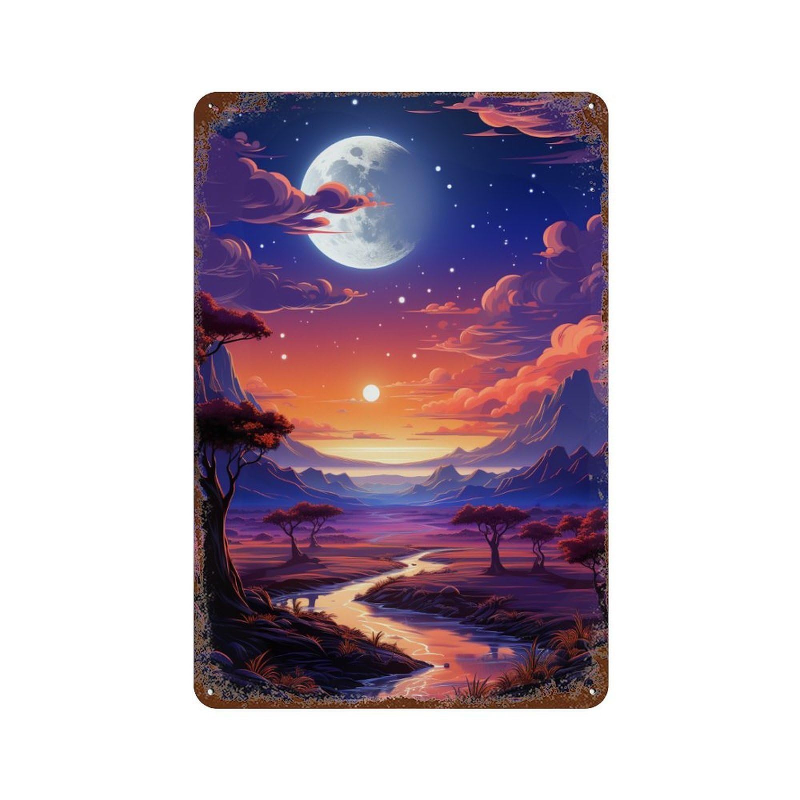 Magical Twilight Landscape Decorative Tin Sign 11.8"x7.9", Retro Wall Decor for Garage, Pub Or Kitchen