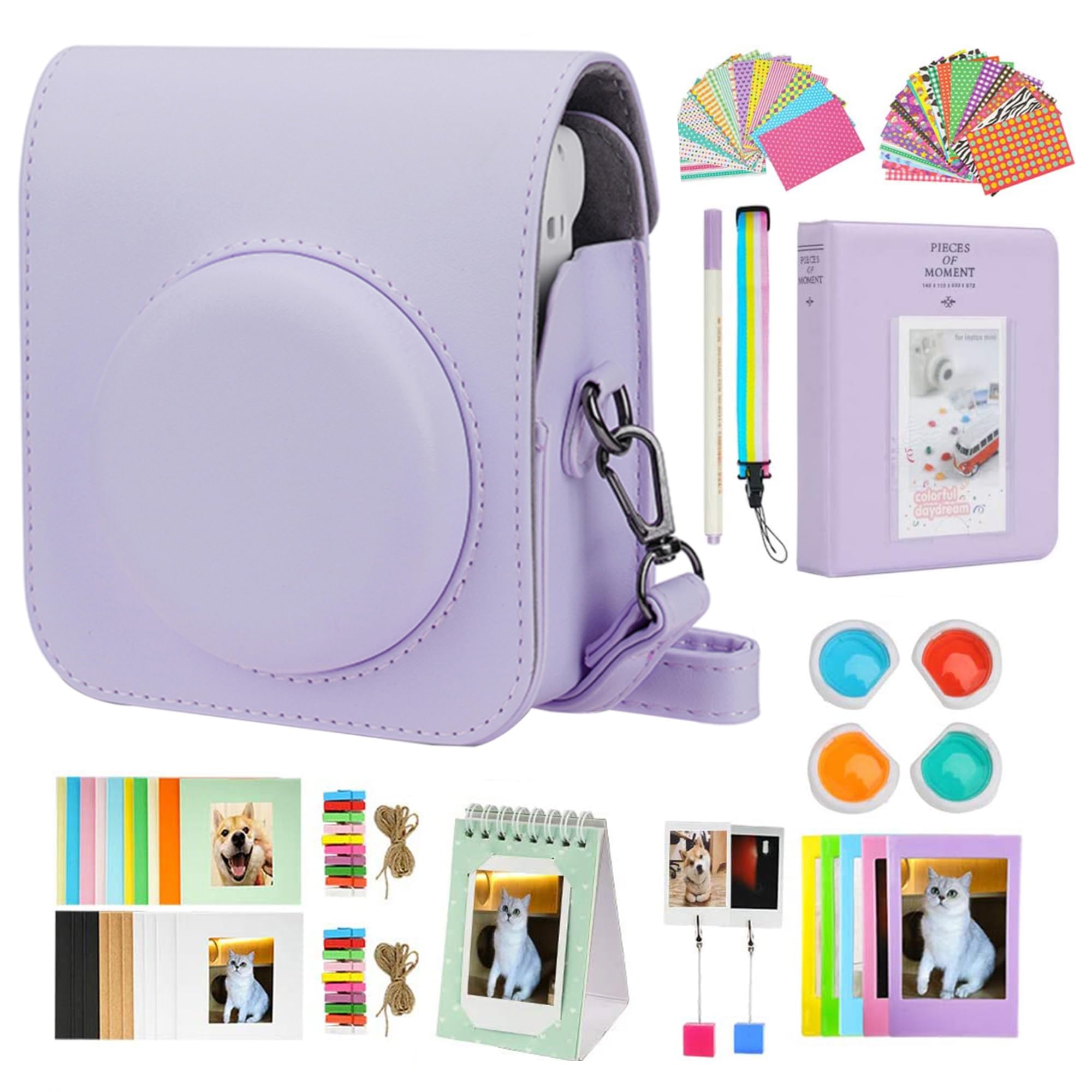 RisouMini 12 Camera Accessories Bundles Compatible with Instax Mini 12. - Kit Includes: Camera Case/Photo Album/Filters/Wall Hanging Frames/Stickers/Pen(12 in 1) (Purple)