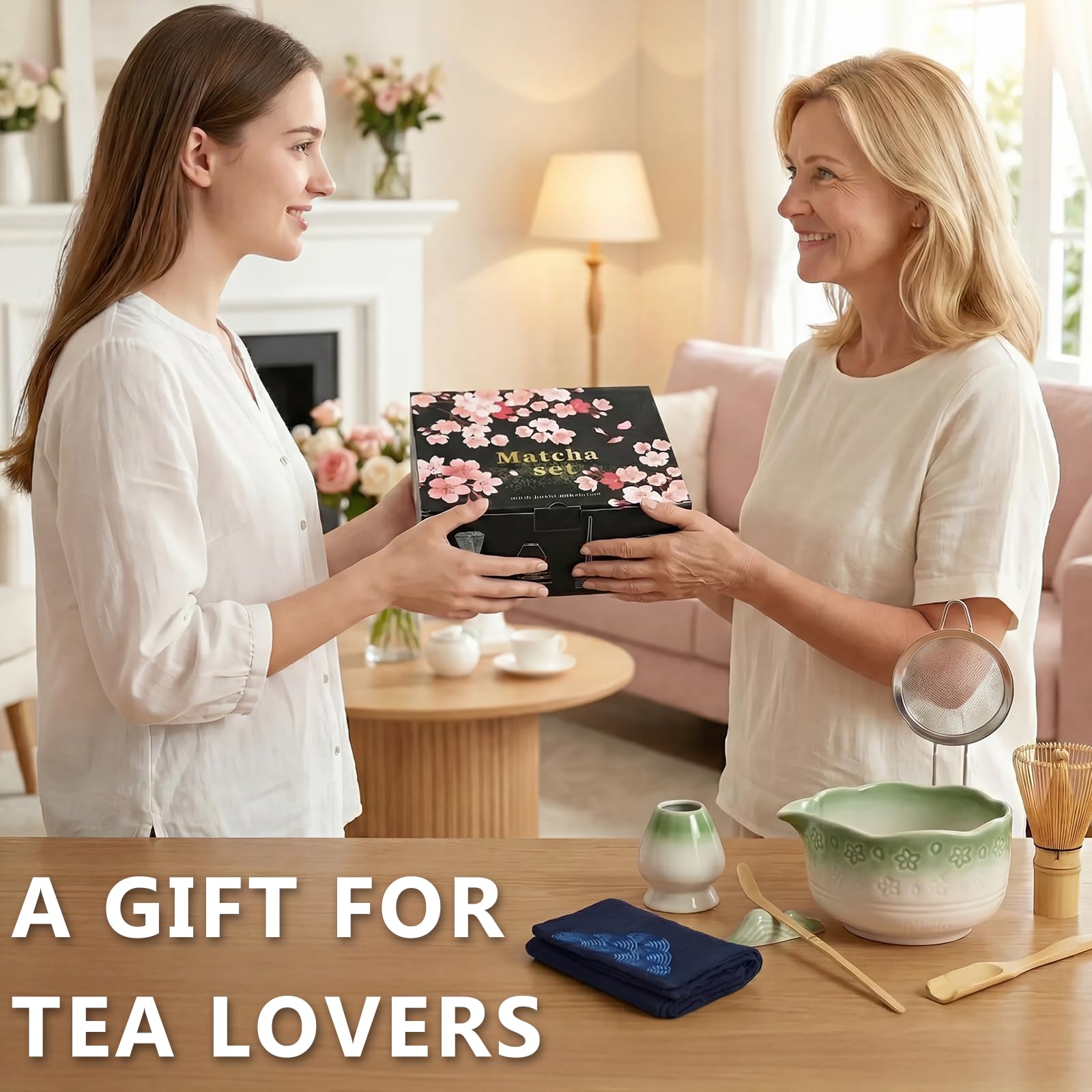 8 pezzi Matcha Kit, Matcha Set design a fiori di ciliegiocon Frusta Matcha, Ciotola, Cucchiaio, Filtro, Supporto, Kit Matcha completo per cerimonia, Elegante Set per Amanti del Matcha(Verde Sfu