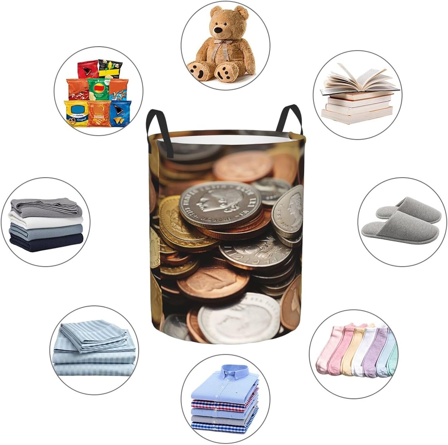 Currency Coin Laundry Basket With Handles, Foldable Laundry Hamper Oxford Cloth Dirty Clothes Basket Waterproof Clothes Toys Storage Bin Organizer for Bedroom Bathroom Dorm