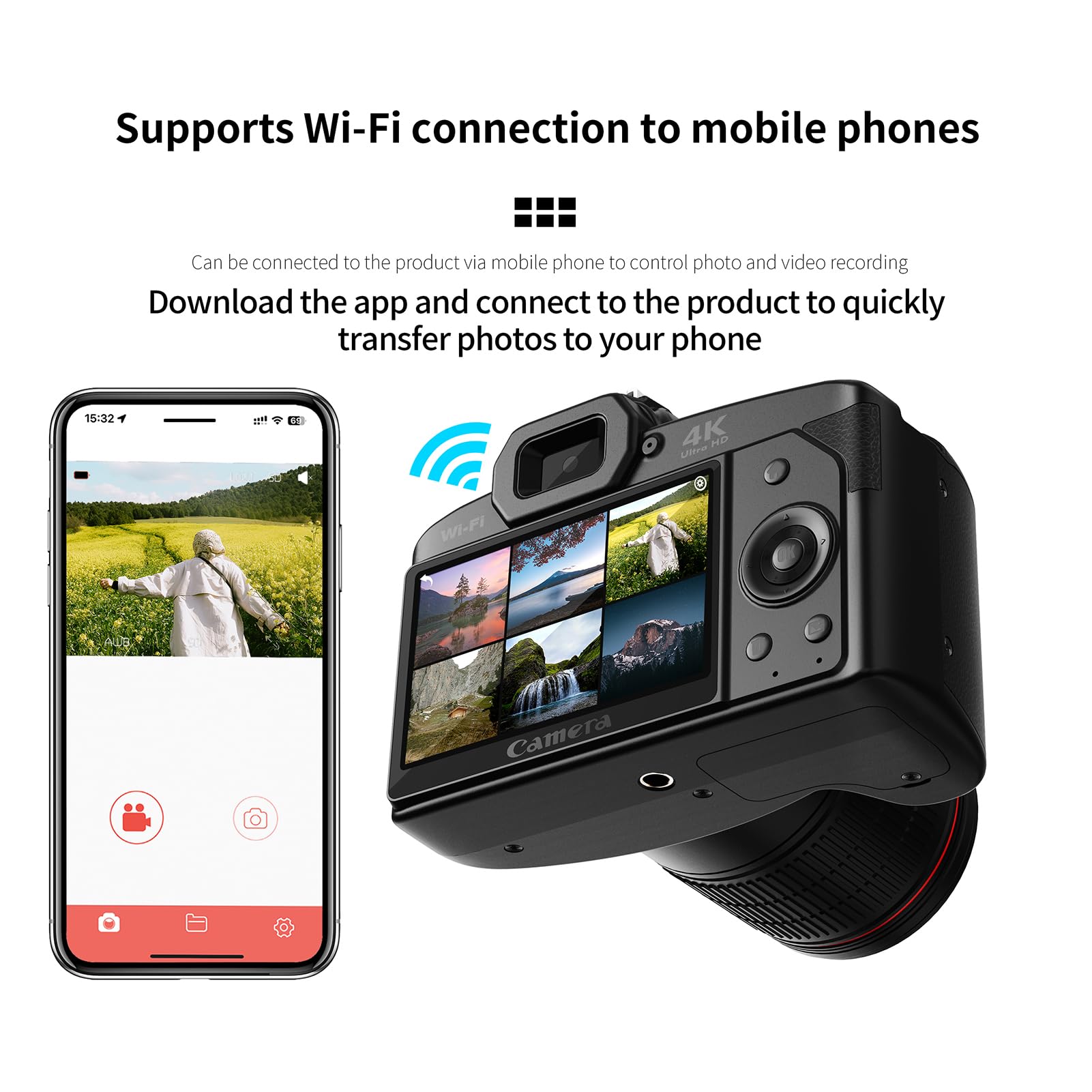 Appareil photo numérique 4K WiFi 64 MP double objectif vidéo avec vision nocturne 16X Anti-Secouement Microphone externe Support Batterie intégrée Écran IPS 3" pour anniversaires festivals