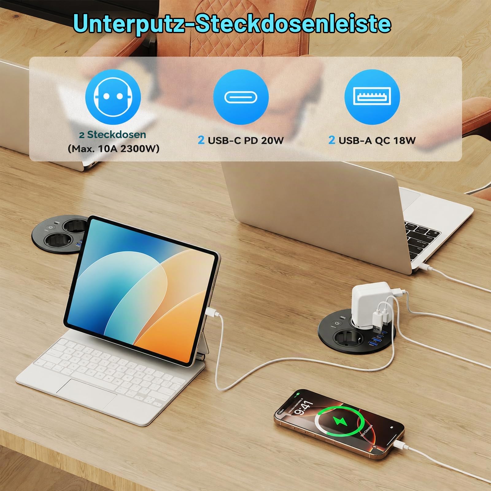 Einbausteckdose rund mit USB-C PD 20W, 2-Fach, Schalter, Ø100 mm | 2x USB-A 18W, 4 USB-Ports, 1,8 m Kabel, Arbeitsplatte & Küche, Schwarz