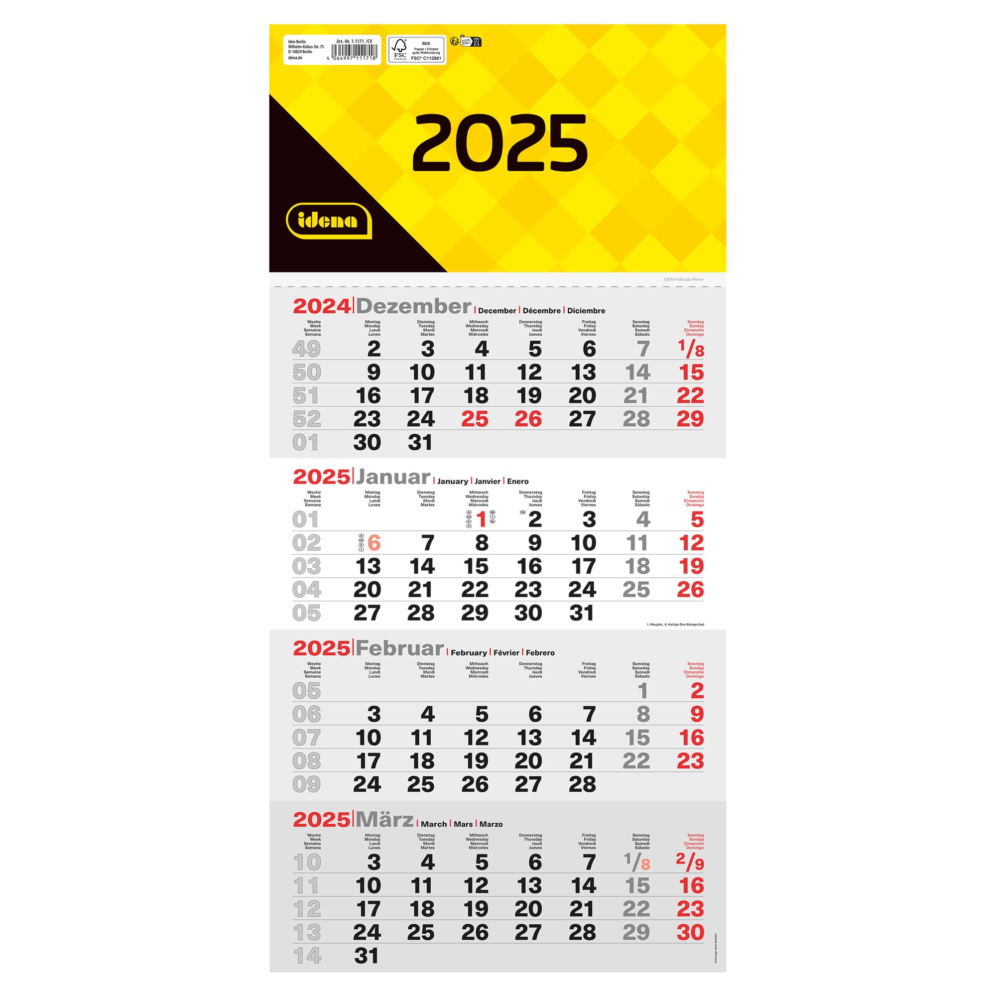 Idena 11171-4 Monthly Calendar 2025 in Size 30 x 60 cm, Wall Calendar with Slider, 4-Language Office Calendar with Weekly Counting