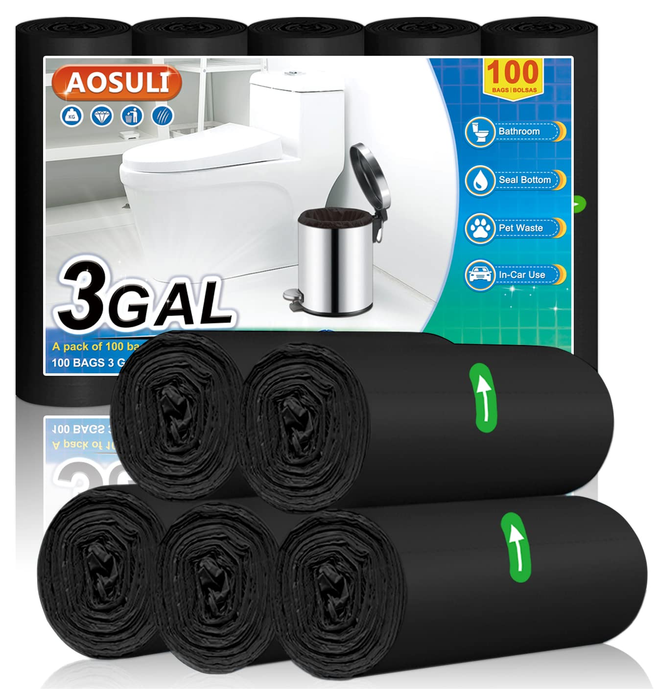 AOSULI Kleine Müllbeutel 5-15L Schwarz Müllsäcke 100 Stück Abfallsäcke Geeignet für Badezimmer,Küche,Büro
