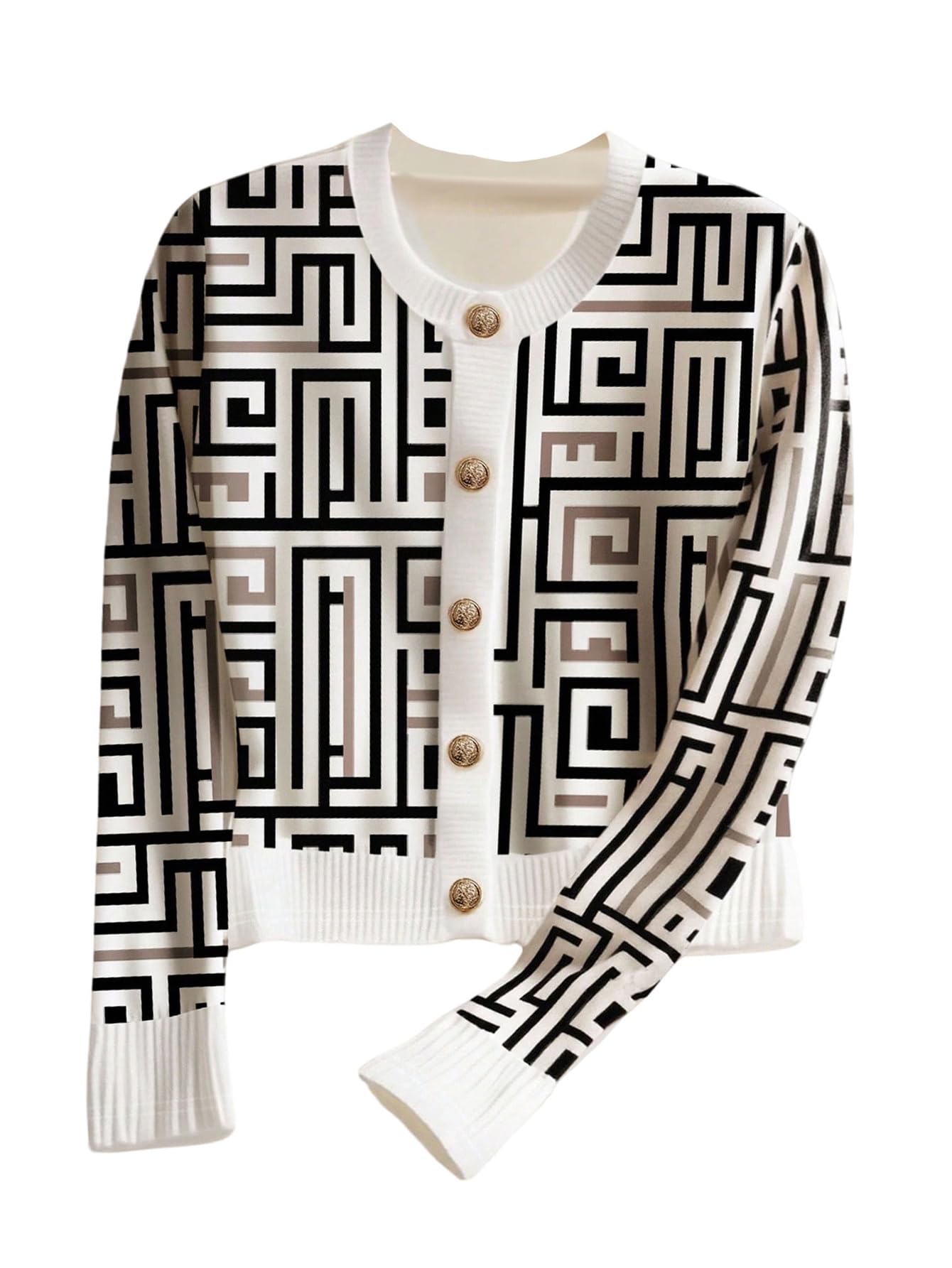 Verdusa Womens Graphic Button Down Cardigan Long Sleeve Crew Neck Lightweight Knit Sweaters