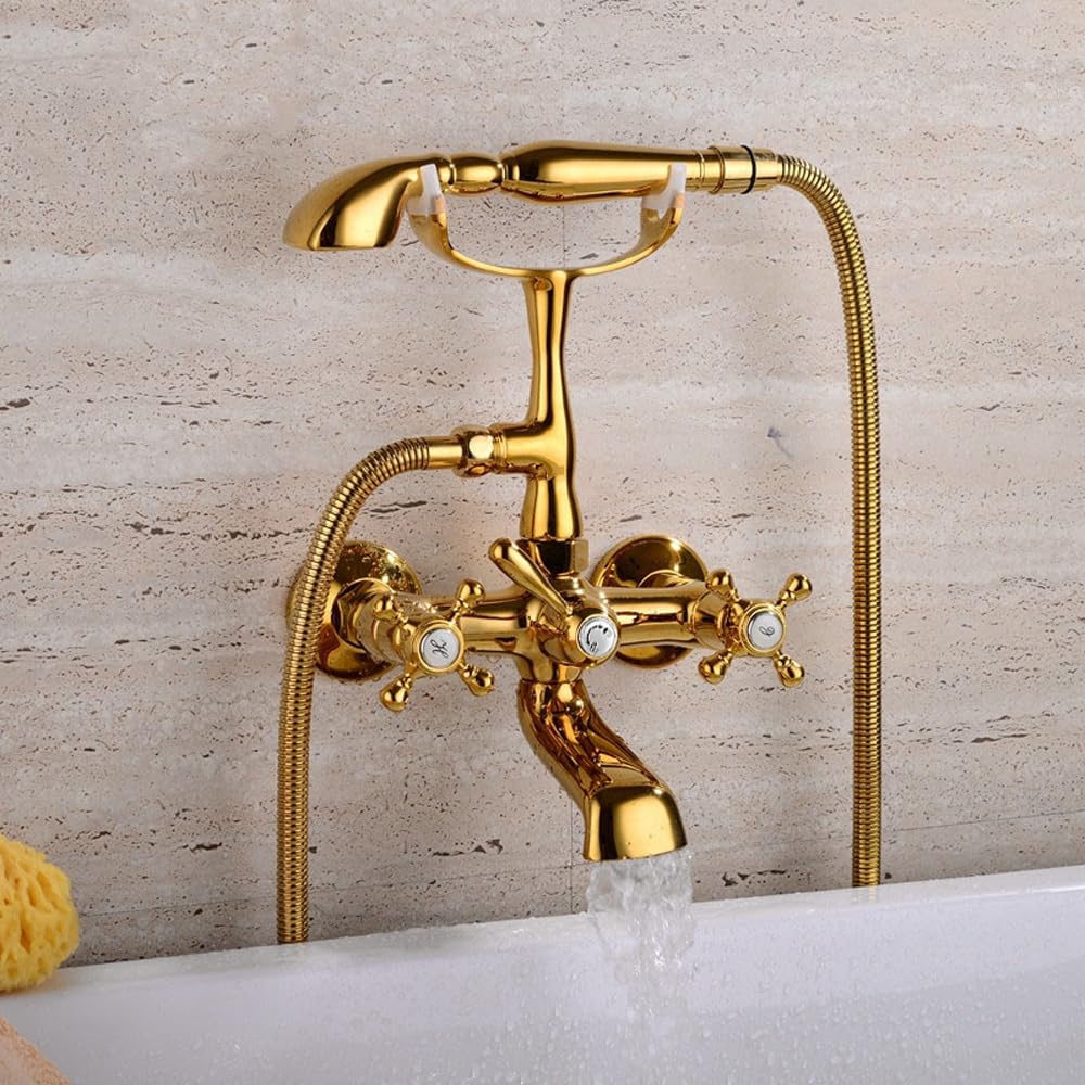 HomeLava Nostalgie Wannenarmatur Gold Retro Wannenbatterie Bad Badewannenarmatur Armatur Zwei Griffe Badewanne Mischbatterie mit Handbrause Wannenmischer mit Brause Wannenhahn
