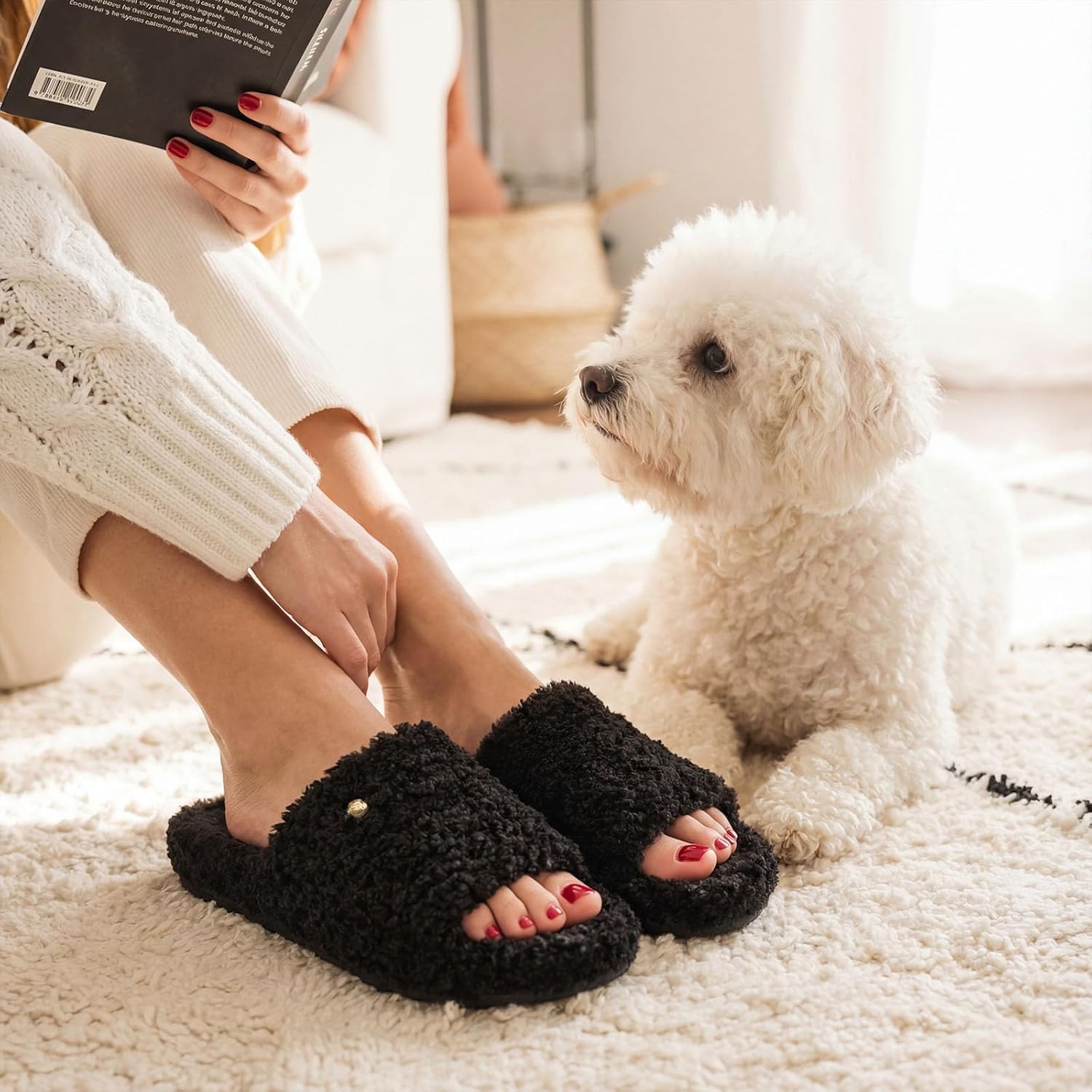 EverFoams Women's Fuzzy Open Toe Slippers Comfy Soft Memory Foam Indoor House Shoes - Image 2