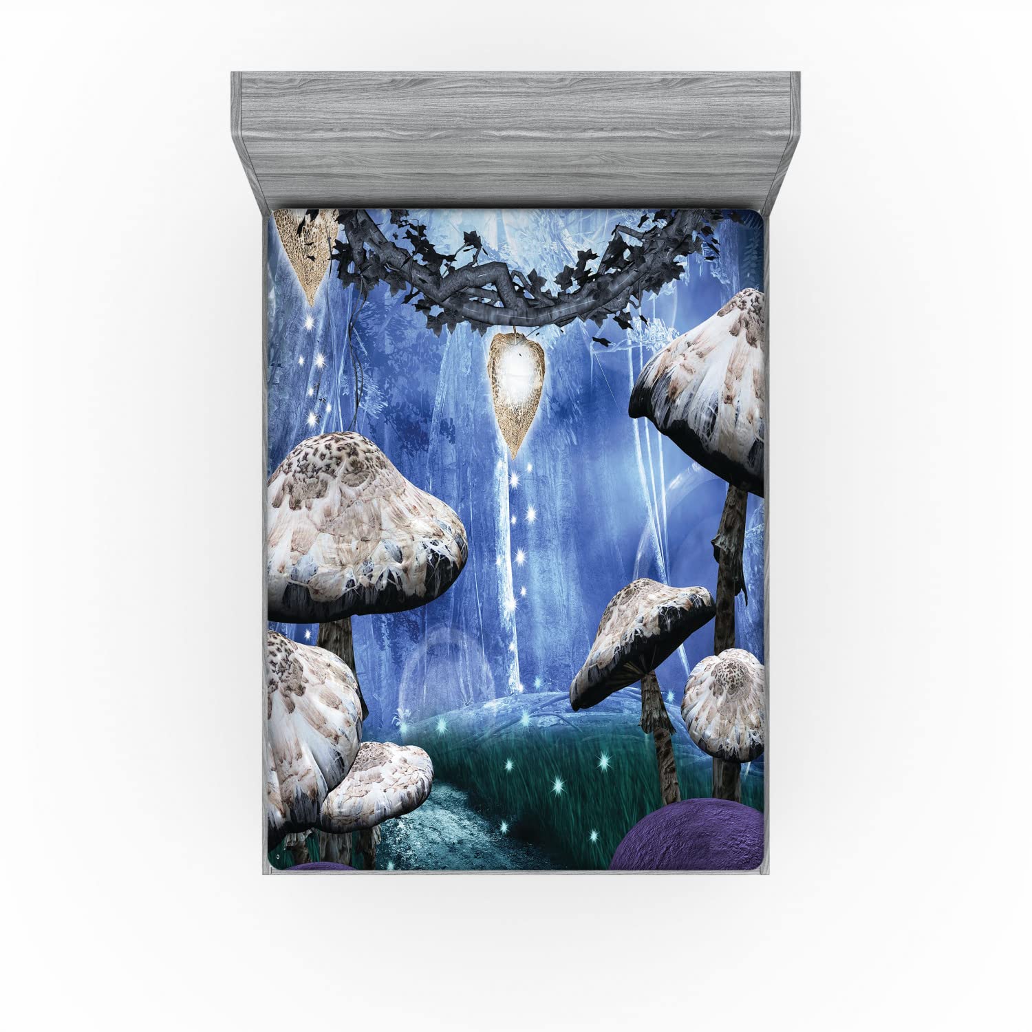 Ambesonne Trippy 2 Pack Fitted Sheet, Dreamy Forest Mushroom, Bed Cover All-Round Elastic Deep Pockets 2 Pieces, Package Contains 2 Full Size Fitted Sheets, Violet Blue Grey