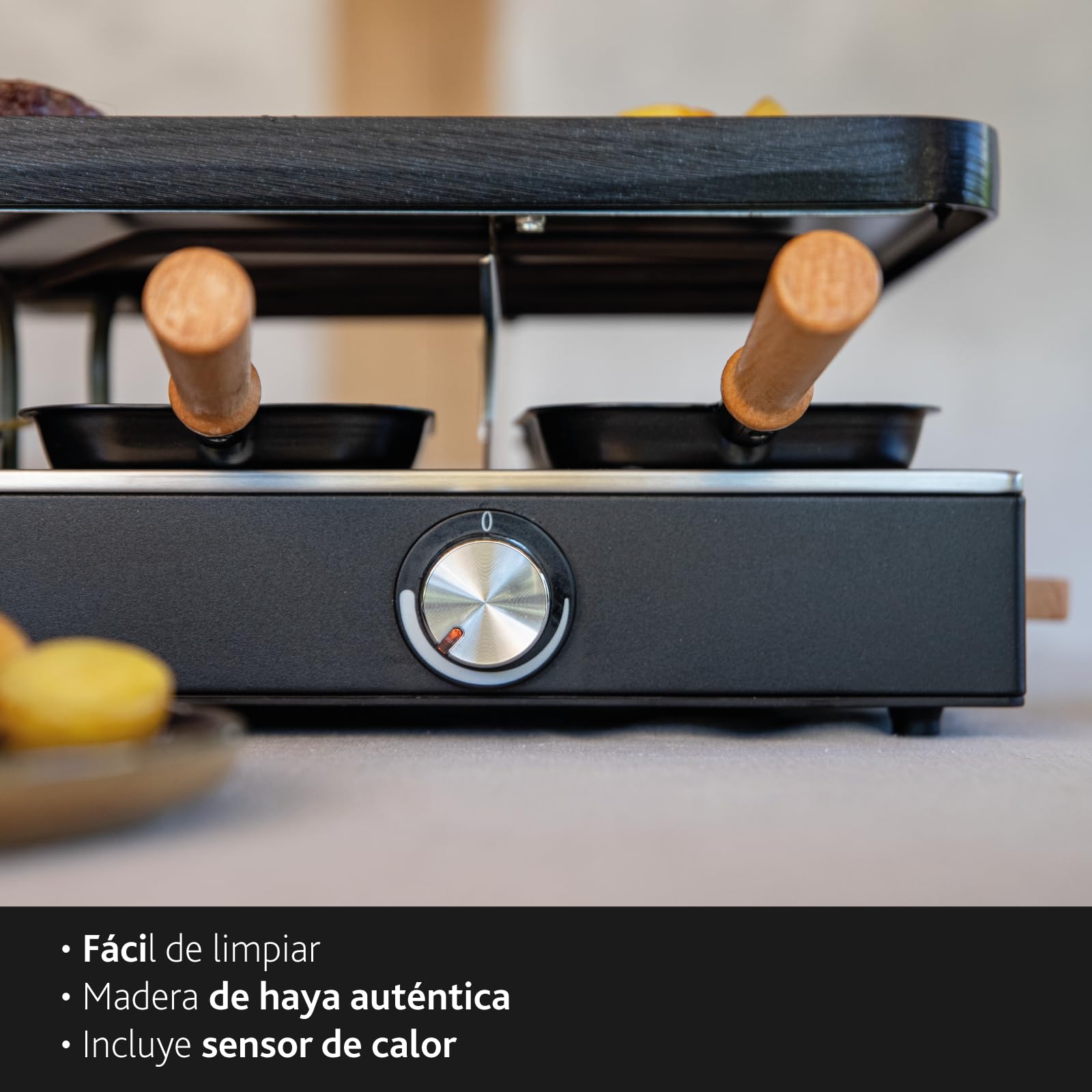 BOSKA Raclette Grill 8 Personas 1400 W - Plancha Eléctrica con Placa Cerámica PFAS Libre - Placa Reversible Antiadherente - Termostato Ajustable - Parrilla de Mesa - Negro | Plancha raclette con placa reversible, 8 sartenes, revestimiento sin PFAS y acaba