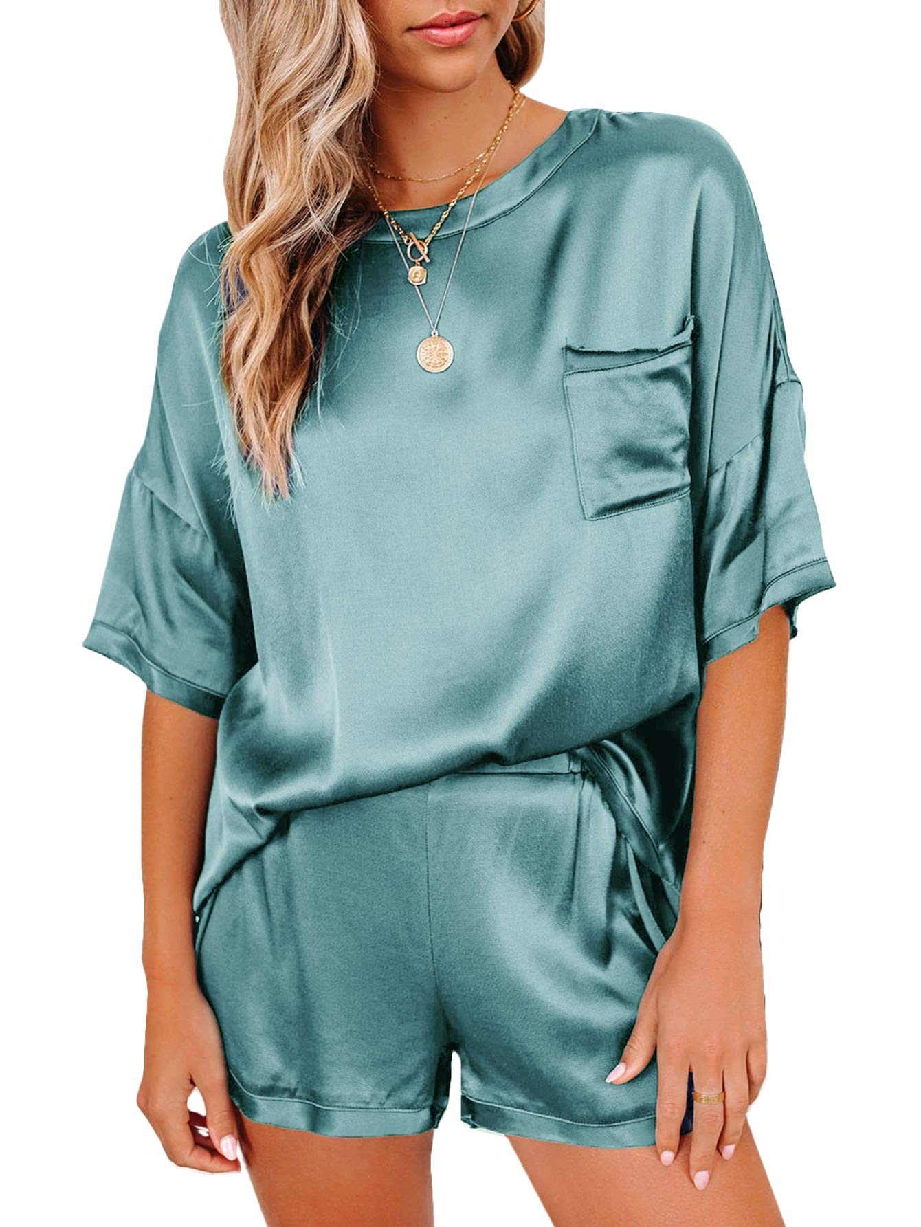 LYANERWomen's Satin Silky Pajama Set Short Sleeve T-shirt With Shorts Set PJ Loungewear