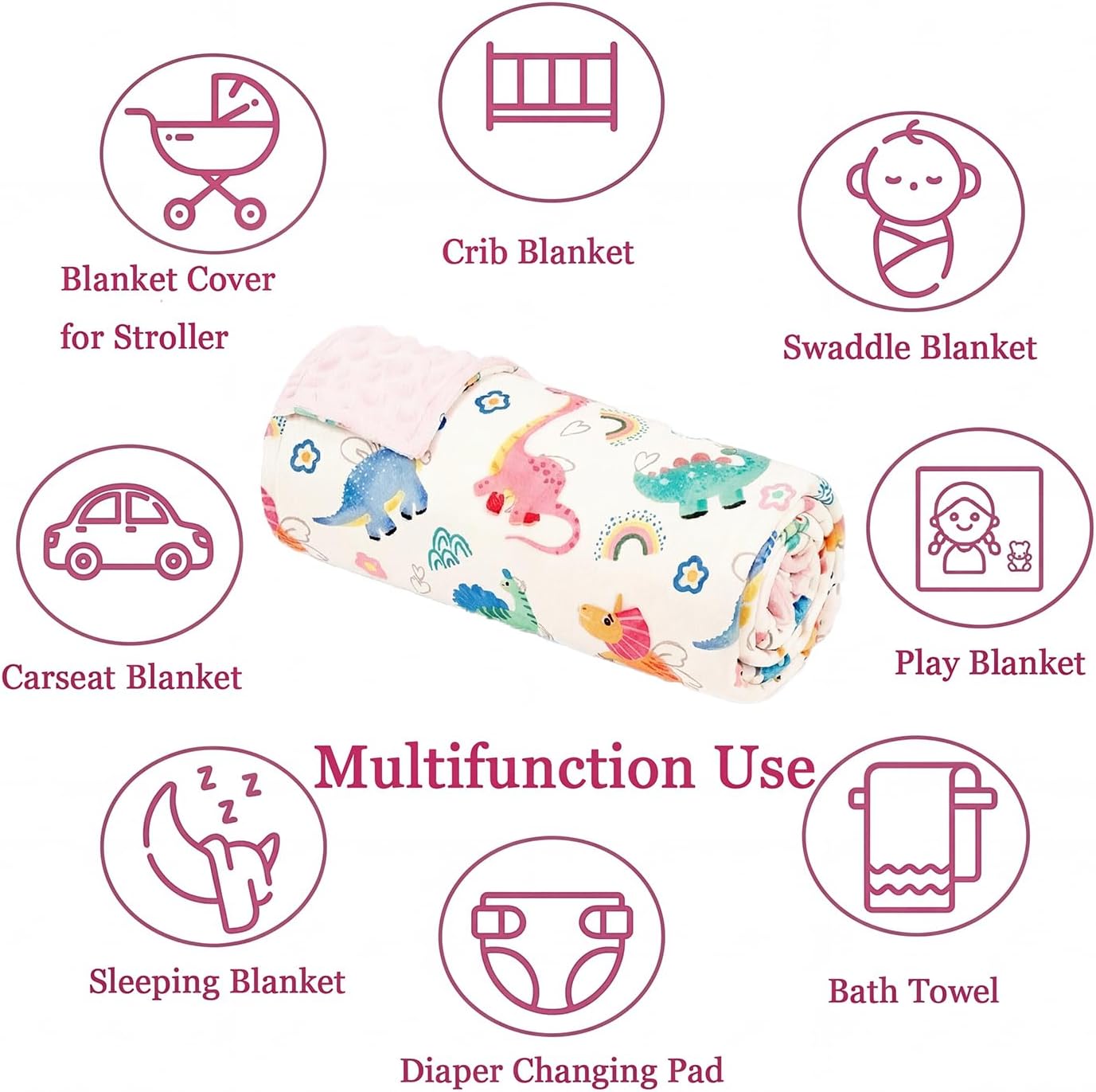 Soft Plush Baby Blankets for Girls with Print Dinosaur Pattern and Soothing Raised Dots, Double Layer Bed Throws for Baby Infant Toddler Nursery Crib,30x40 Inches (Pink)
