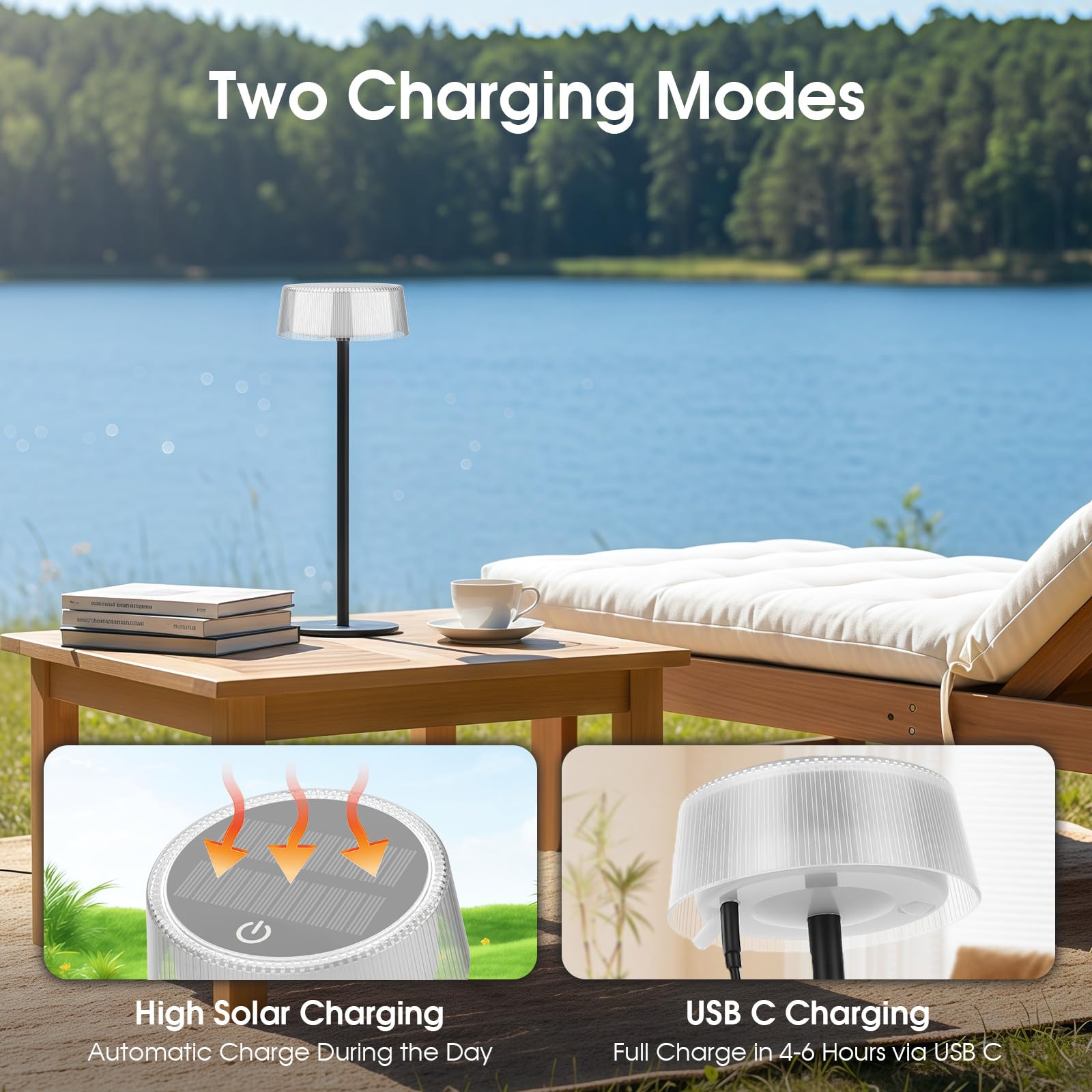 Lámpara de Mesa LED Inalámbrica 2 Piezas, Lamparas de Mesa Recargable con Batería 4000 mAh, Solar y USB-C, Regulable Táctil 3 Temperaturas, IP65 Lámpara Solar Exterior Terraza Jardín Dormitorio
