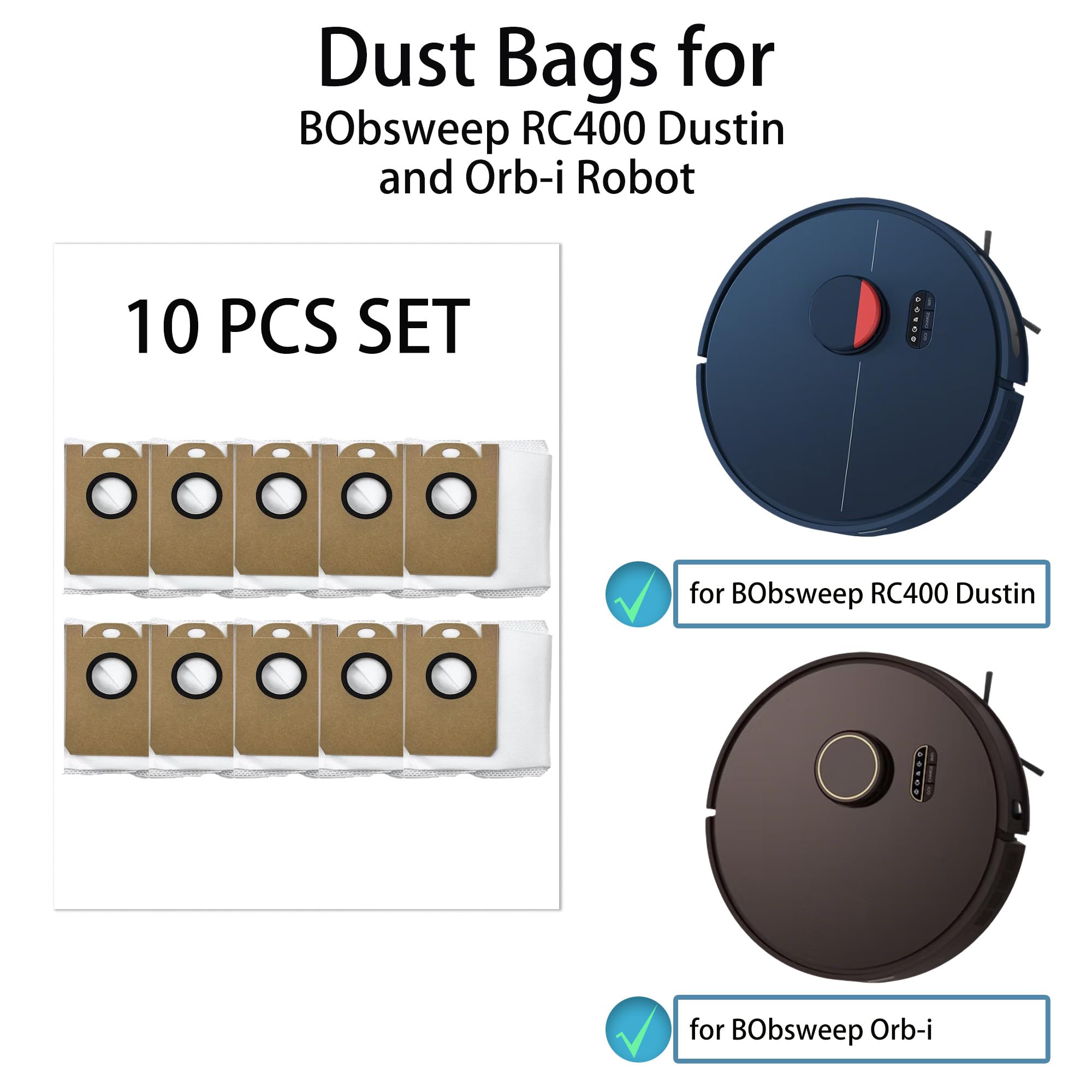 Bolsa de polvo desechable de repuesto compatible con BObsweep RC400 Dustin y Orb-i Robot aspiradora, bolsas colectoras de gran capacidad de 4 L (paquete de 10)