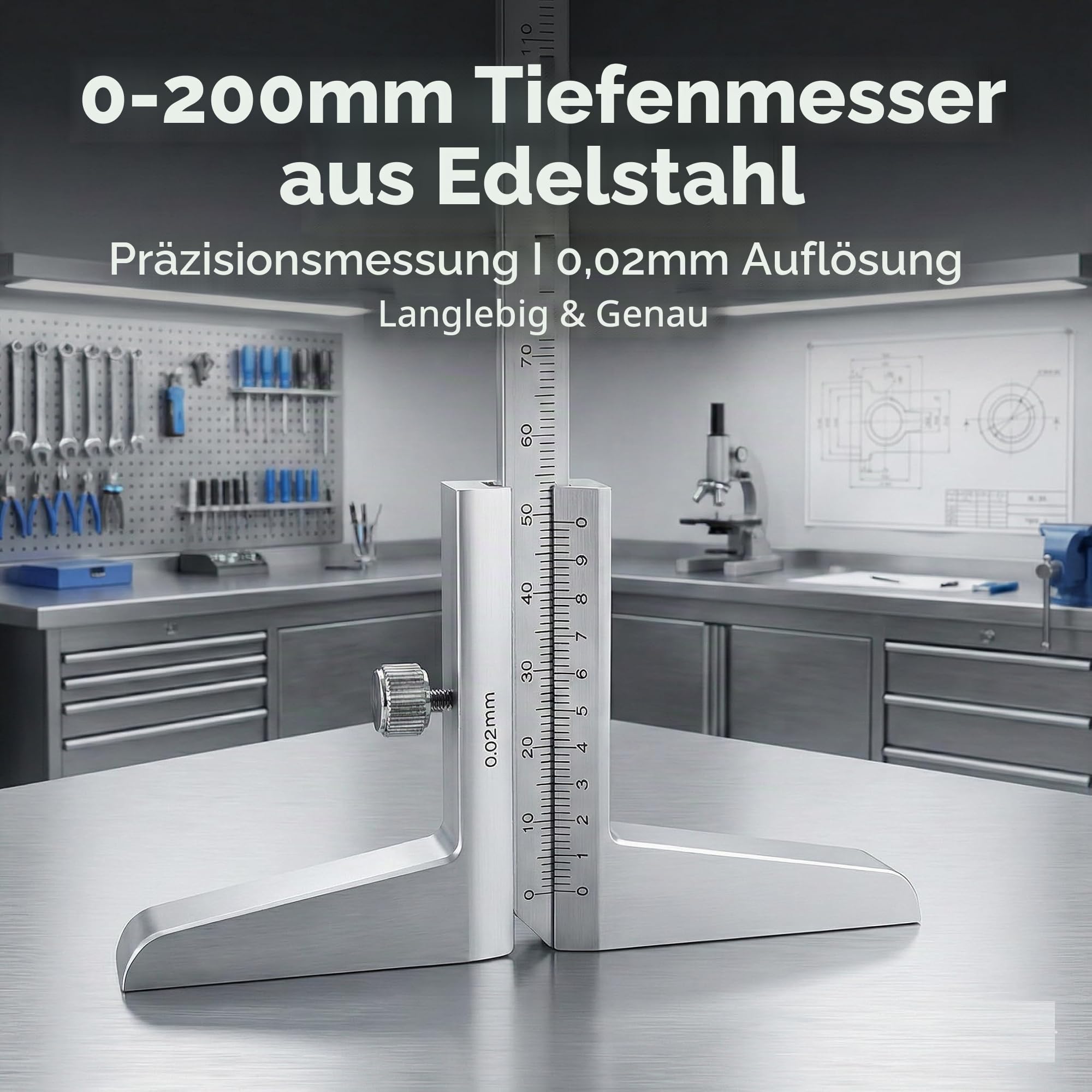 KATSU Tiefenmessschieber 0–200 mm, Tiefenmessgerät mit Nonius 0,02 mm Genauigkeit, Präzisions-Messwerkzeug für Werkstatt, Metall- und Maschinenbau, Modell 401172