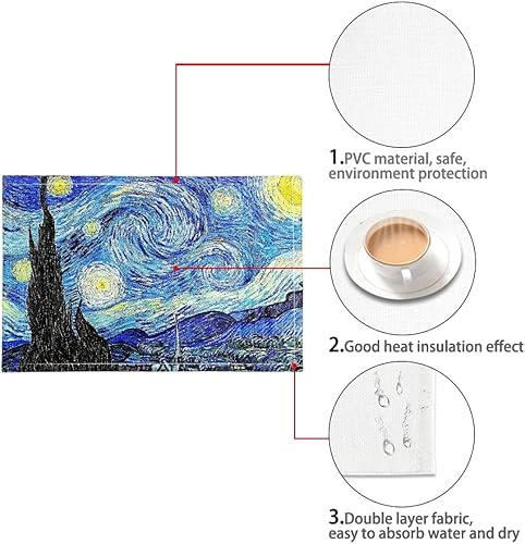 Miniatura 6 de JooMeryer - Juego de 4 manteles individuales de PVC con pintura al óleo de Van Gogh, fáciles de limpiar, lavables, resistentes al calor, color noche