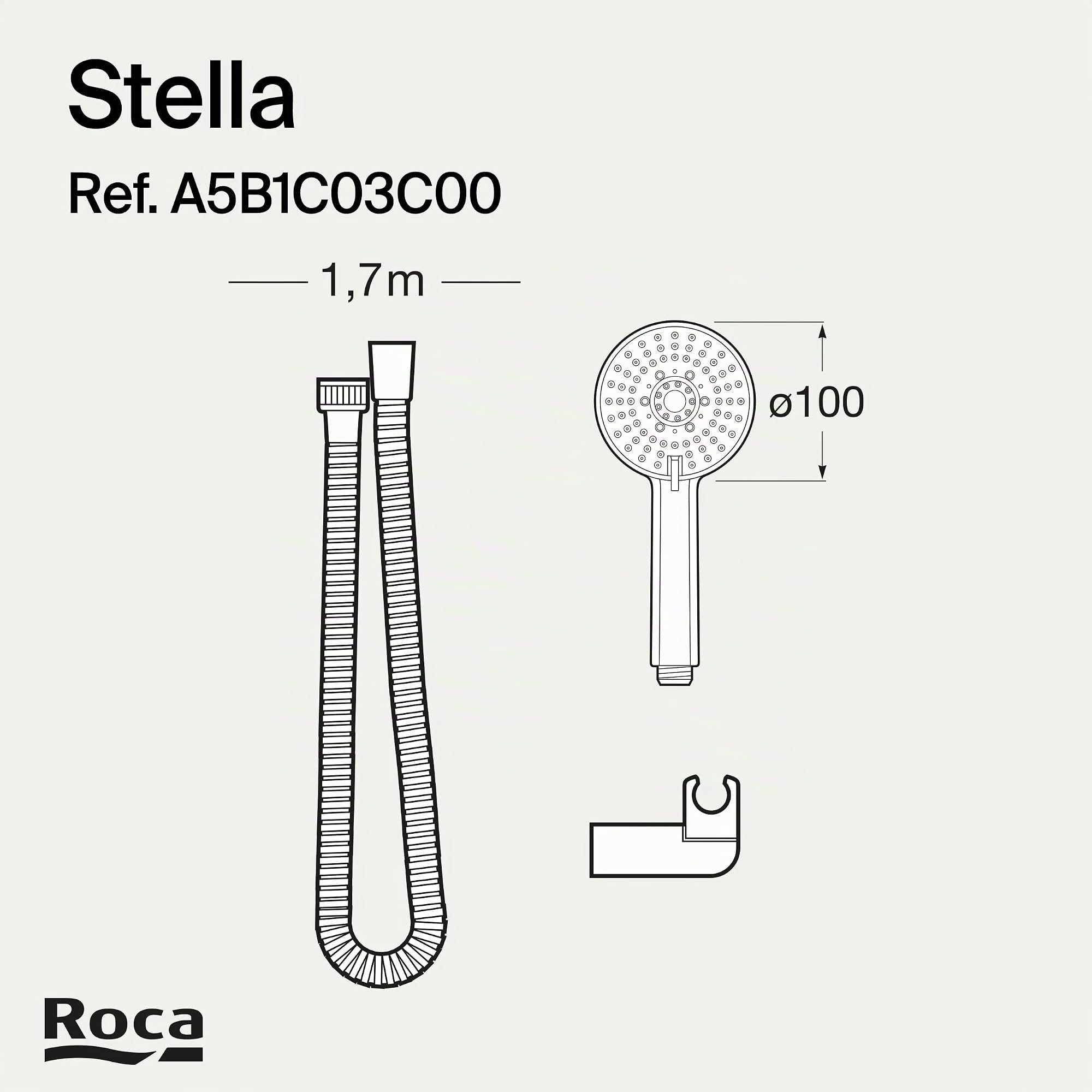 Roca,Stella,Set de ducha. Incluye ducha de mano de 100 mm de 3 funciones, soporte de ducha articulado y flexible de PVC satinado de 1,70 m,A5B1C03C00