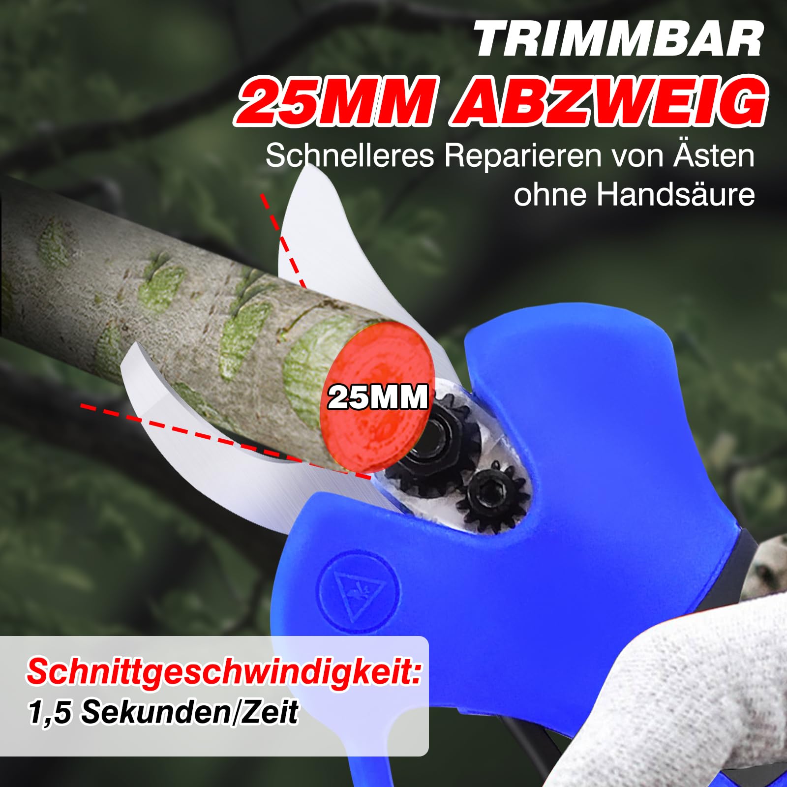 Tijeras de podar eléctricas con motor sin escobillas, tijeras de podar eléctricas de 21 V, cortador de ramas eléctrico con 2 baterías y cargador, 25 mm (0,98 pulgadas), diámetro máximo de corte (azul)