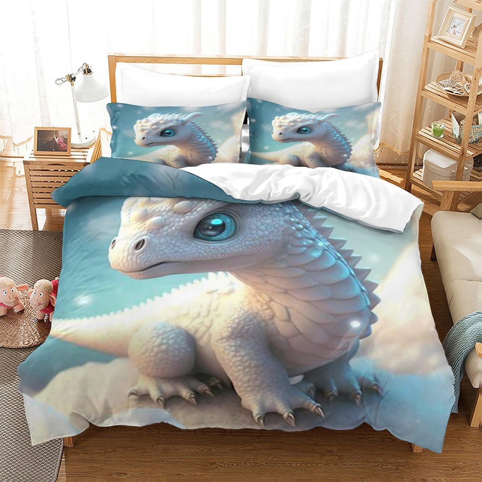 Fantasia del drago delle nevi Impressione 3D 3 pz cover piumone Stile carino creatura mitica coperteletto microfibra ipoallergenica traspirante per adolescenti ragazze adulti Double（200x200cm）