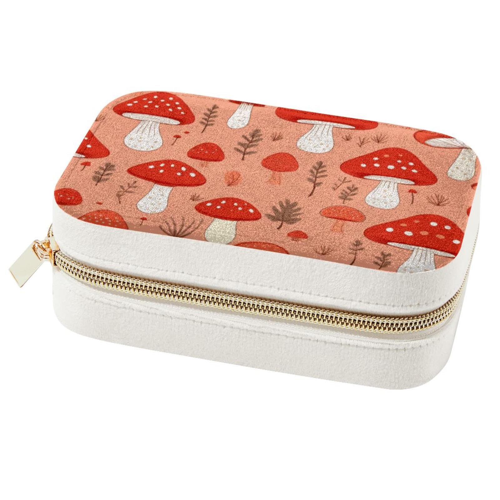Boîte à bijoux spacieuse pour femme au design champignon rouge soigné