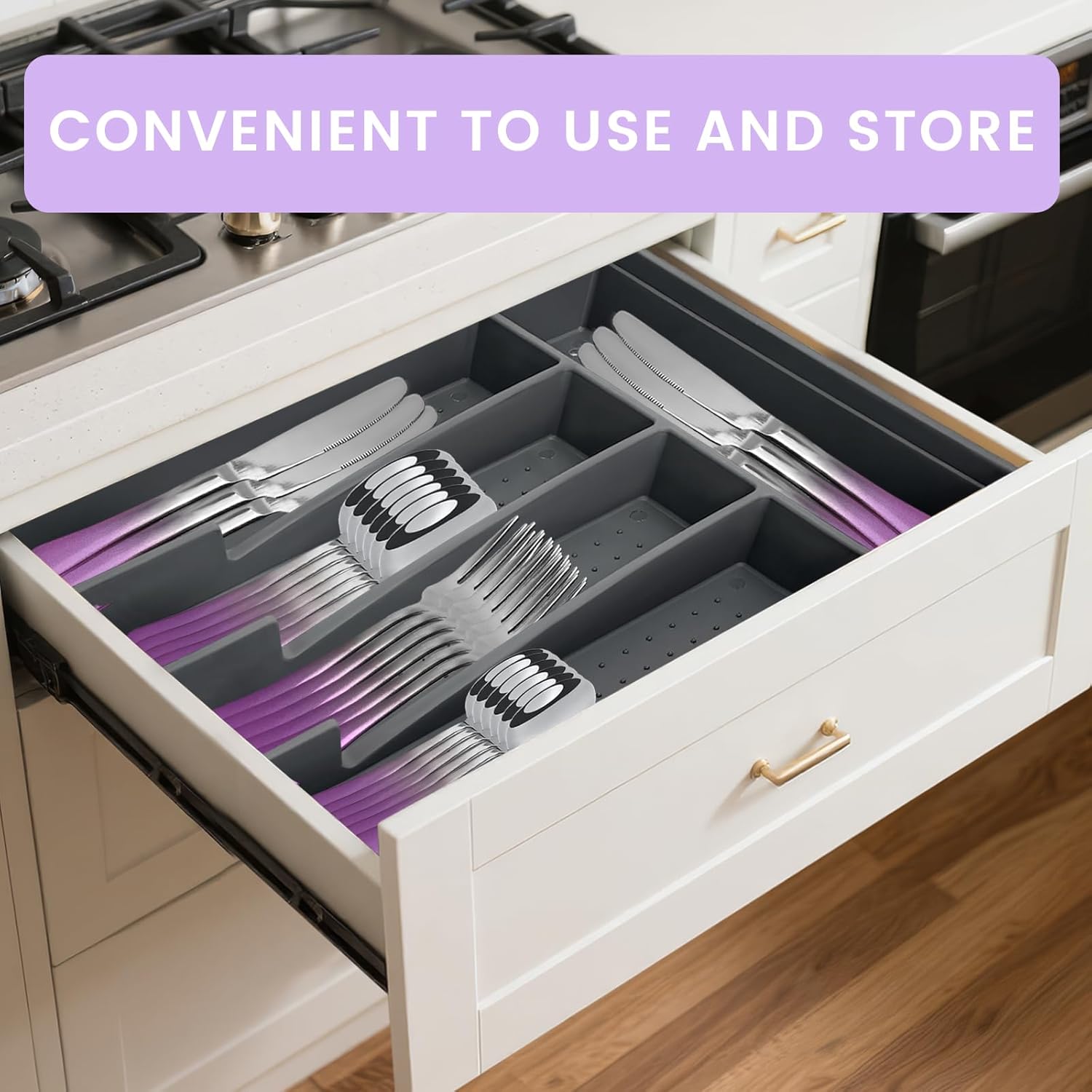 24-Piece Flatware Set with Organizer,Gradient Pink Gold Silverware Set for Family Dining Room,Cutlery Utensil Sets with Antiskid Handle, Mirror Polished (Purple Silver)