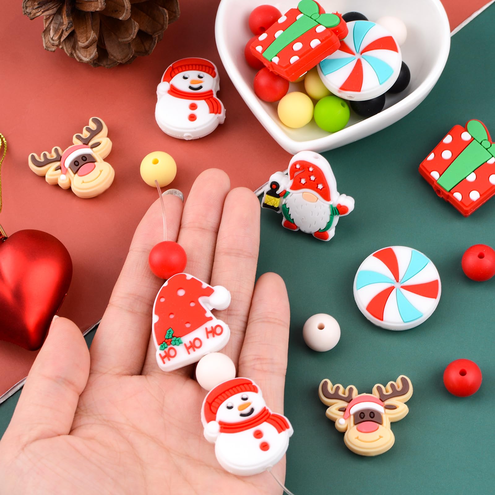 URROMA 36Pcs Christmas Silicone Beads Loose Beads with Santa Claus Snowman Shape Irregular&Round Spacer Bead for DIY Bracelet Craft Making - Image 4