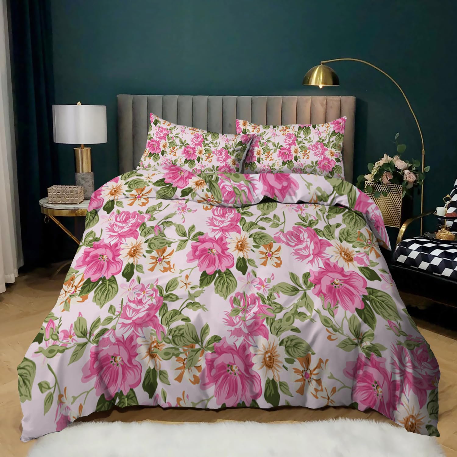 Copriletto Matrimoniale Estivo Fiori Copripiumino Matrimoniale In Morbida Microfibra Copriletto Matrimoniale Con ​Zip Invisibile,Set Copripiumino Matrimoniale,2 Federe 50 X 75 Cm (260X240Cm)