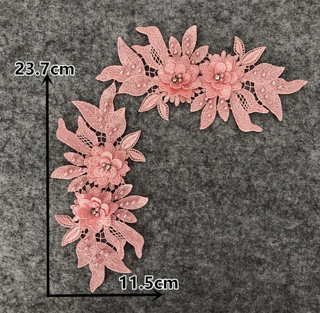 RUINUO 3D Lace Beads Flower Applique Patches - Sew-on Embroidery Patches For Wedding Dress, Collar Decor (Red)