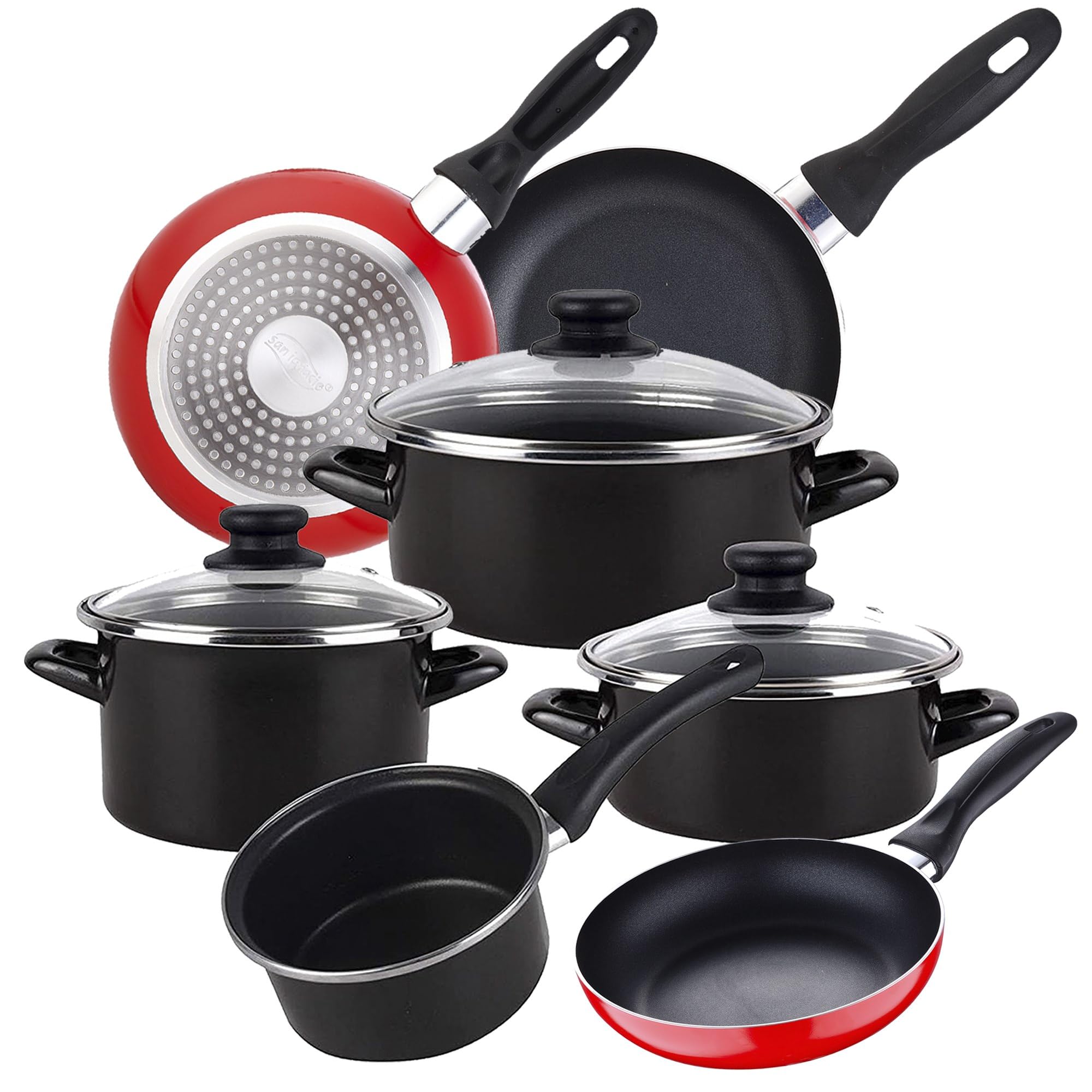 Magefesa Bateria de cocina 7 piezas MAGEFESA Kenia de acero vitrificado con juego de sartenes (16/20/24 cm) Navy Red en aluminio prensado