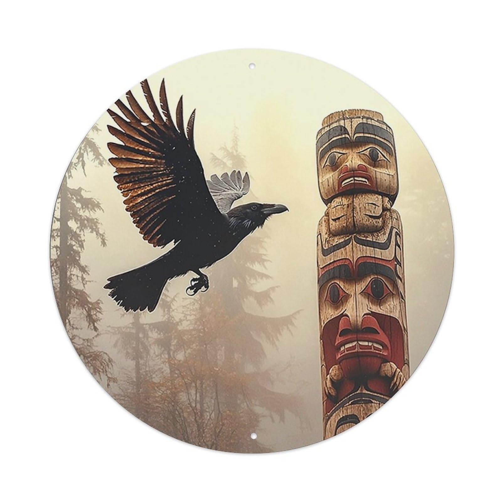 Crow Flying Near Tiki Pole Vintage Round Tin Sign Retro Metal Wall Decor Metal Poster, Home Bar Garage Cafe Wall Art Decoration 8x8Inches