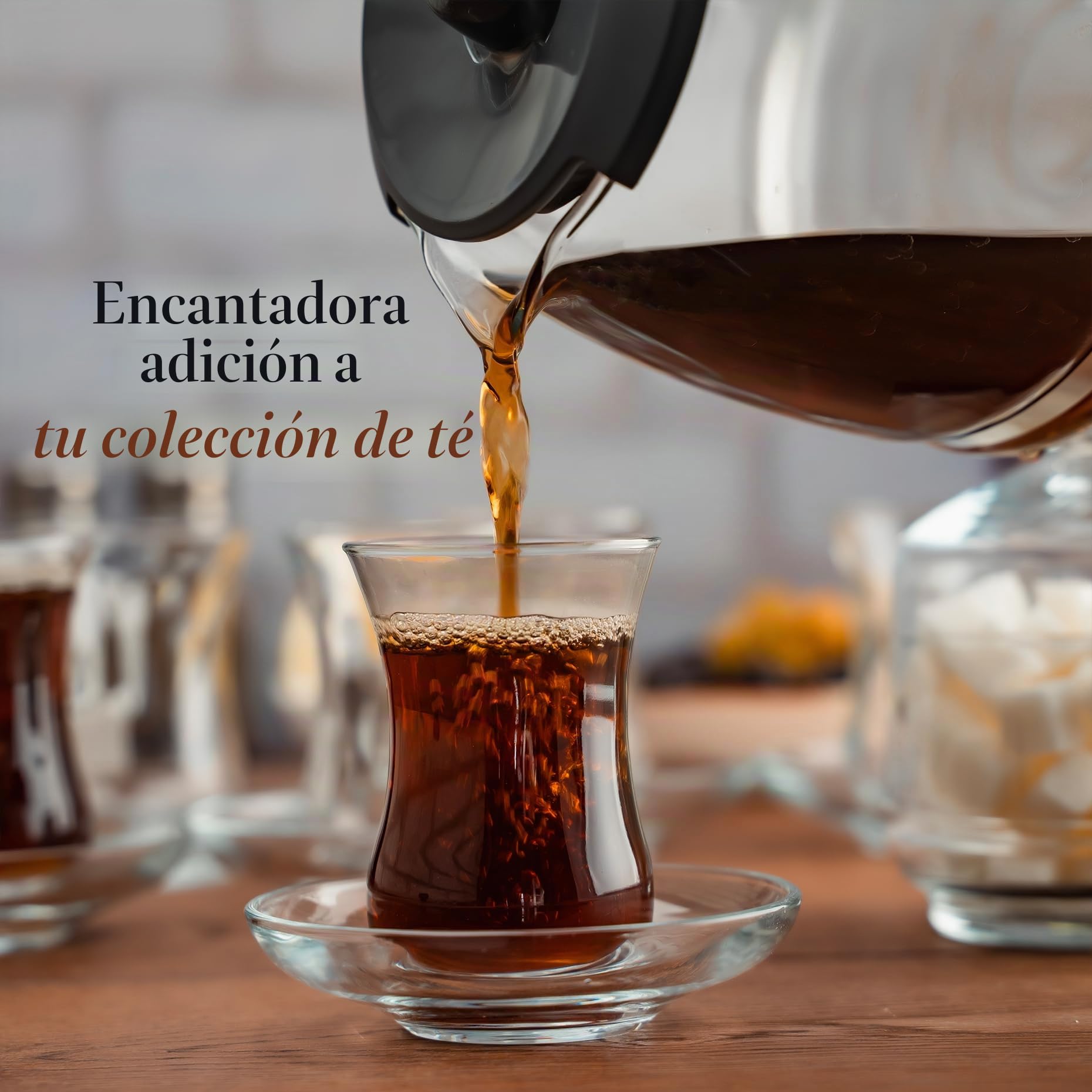 Juego de Té Turco Tradicional con Diseño,13 Piezas, Incluye: 6 Tazas de Té de Vidrio (115 ml/4 oz), 6 Platillos y un Azucarero con Tapa de Vidrio (260 ml/8,7 oz)