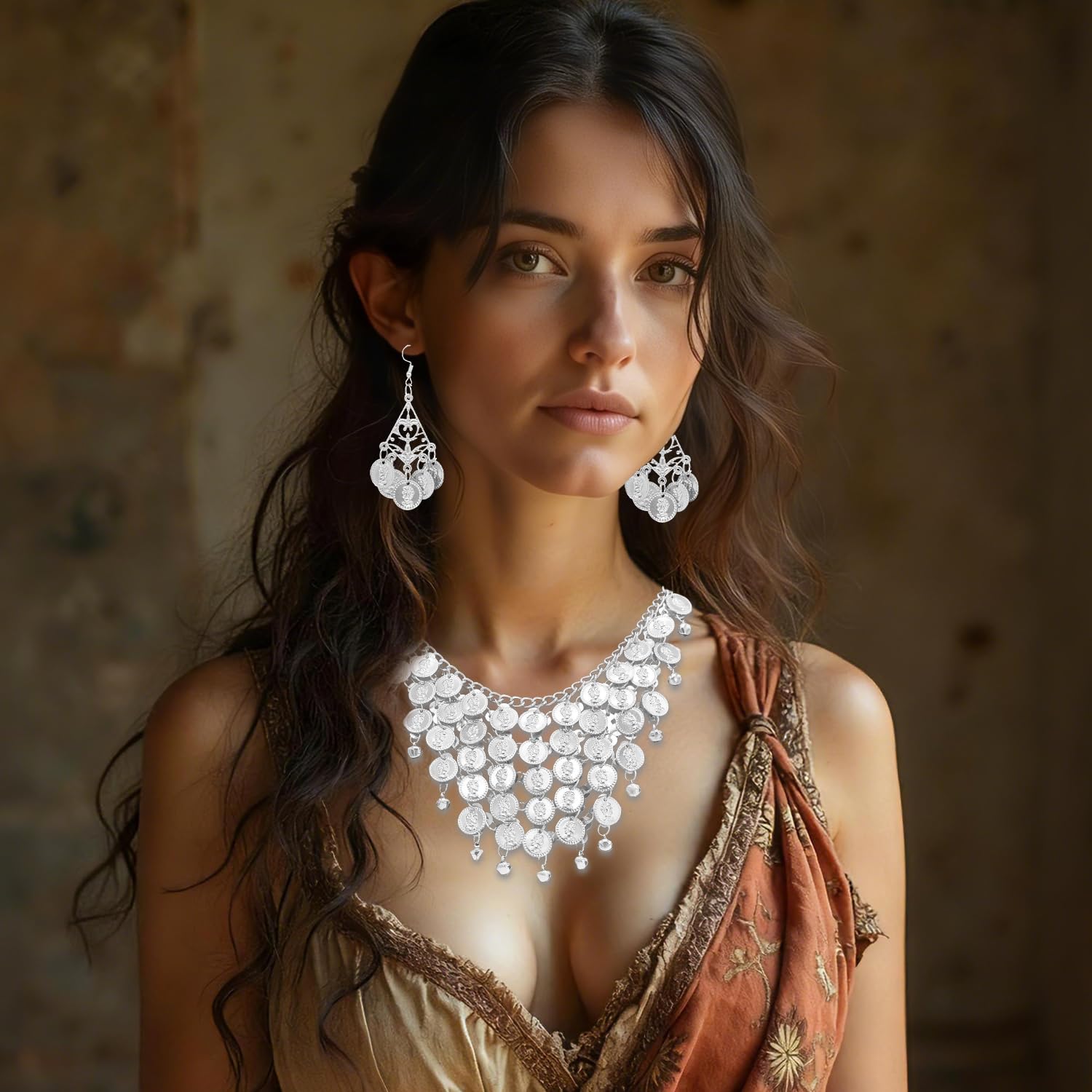 DIPZO Egyptian Costume Accessories Silver Hair Clips and Necklace for Cleopatra Party and Belly Dance Festival Performance - Image 3