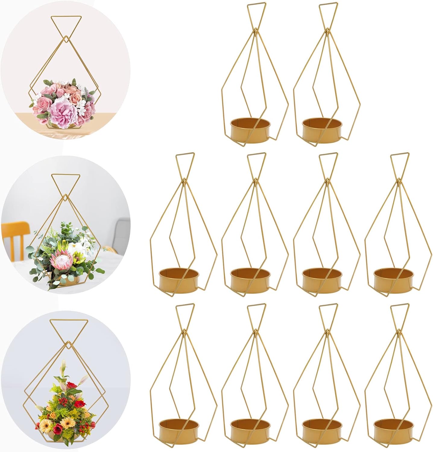 10 Pcs Portable Hanging Gold Vases for Centerpieces Wedding Metal Flower Stand Geometric Flower Girl Baskets for Wedding Centerpiece Tables Party Home Decor Trumpet Vase
