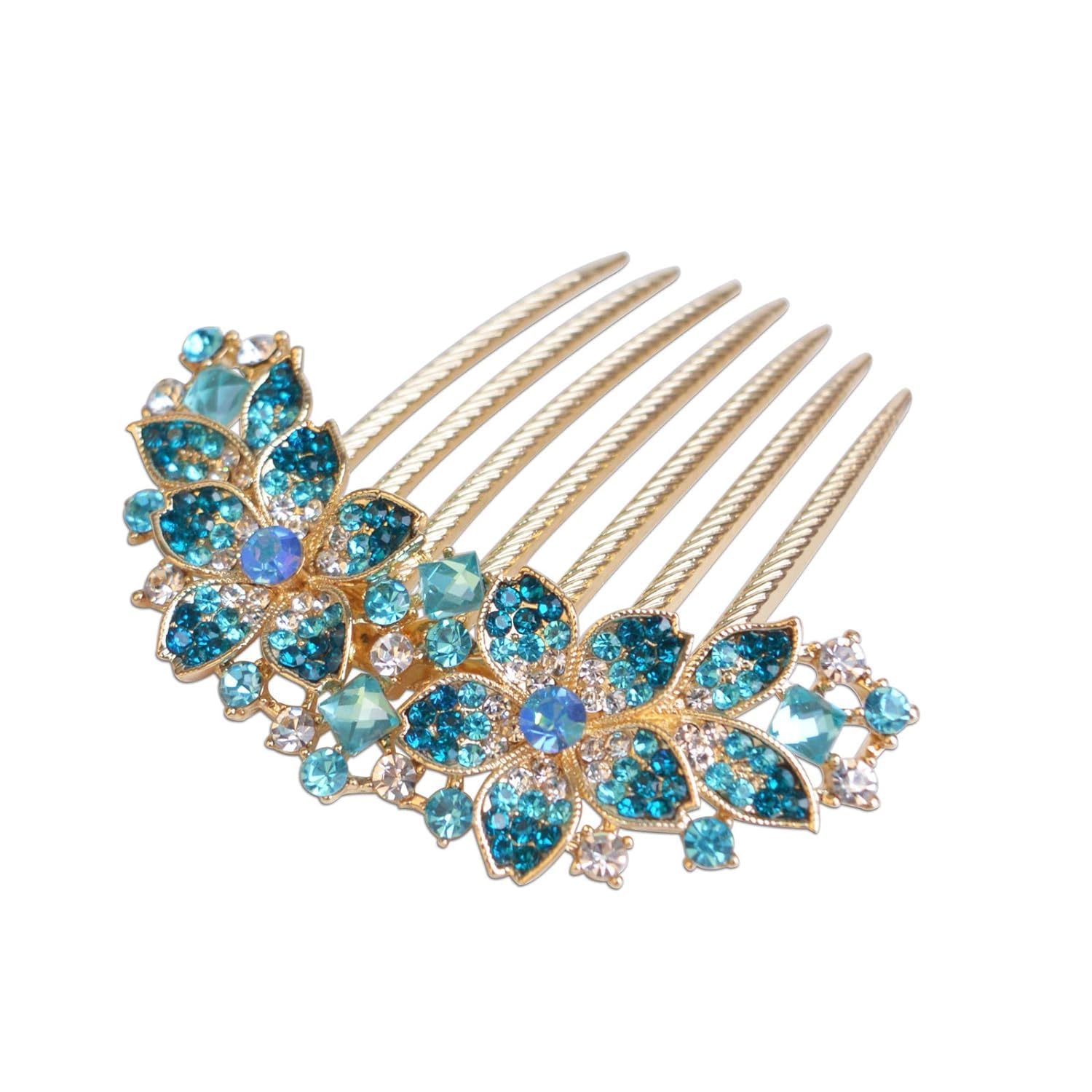 Pettine per capelli da donna con fiori intarsiati e strass, accessorio per capelli da sposa, pettine laterale per ragazze, idea regalo (blu)