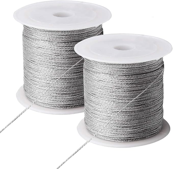 Pengxiaomei 218 Yards/656 Feet Metallic Cord, 2 Spool Metallic Thread Silver Jewelry Thread Silver Craft String Tinsel String Craft Making Cord(0.5mm)