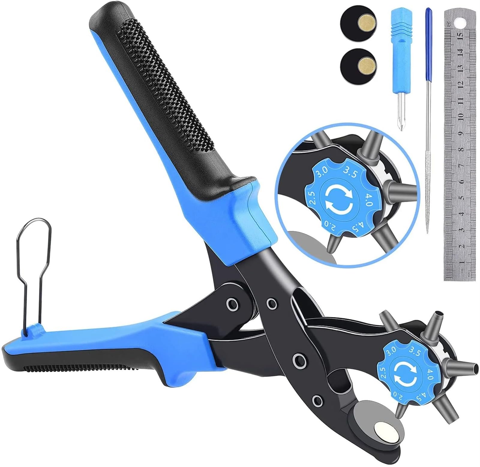 Punzón for ojal que ahorra trabajo, Set de costura giratorio, correa de reloj, artesanía de cuero for el hogar, punzonado de cuero, orificios de cinturón, alicate perforador (Color : Blue)