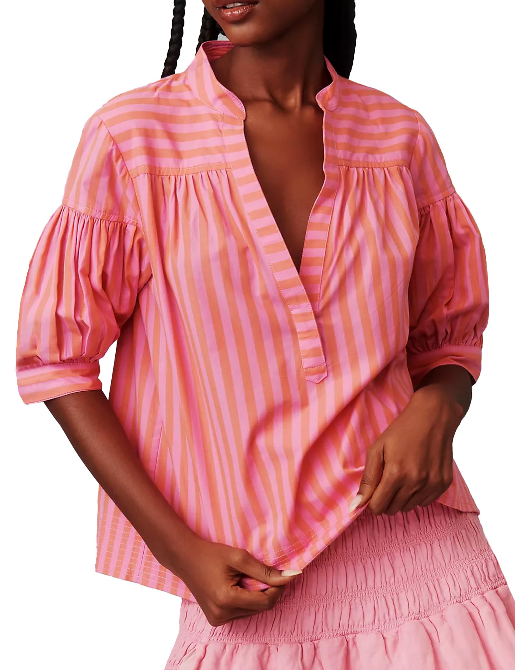 Blusa de manga corta abombada para mujer, a rayas, cuello en V, para verano, negocios, casual, lindo, babydoll, bohemio, holgada
