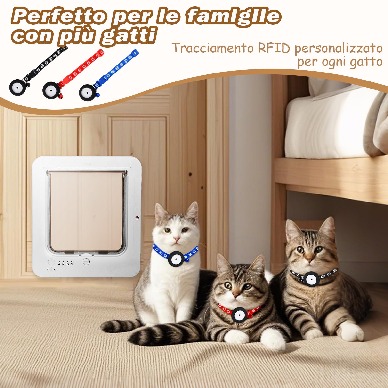 Gattaiola per Gatti Con Microchip, 3 Chiavi Con Sensore a Collare e 1 Telecomando, Porta per Gatti Con Chiusura a 4 Vie e Sensore a Collare RFID (Bianco)